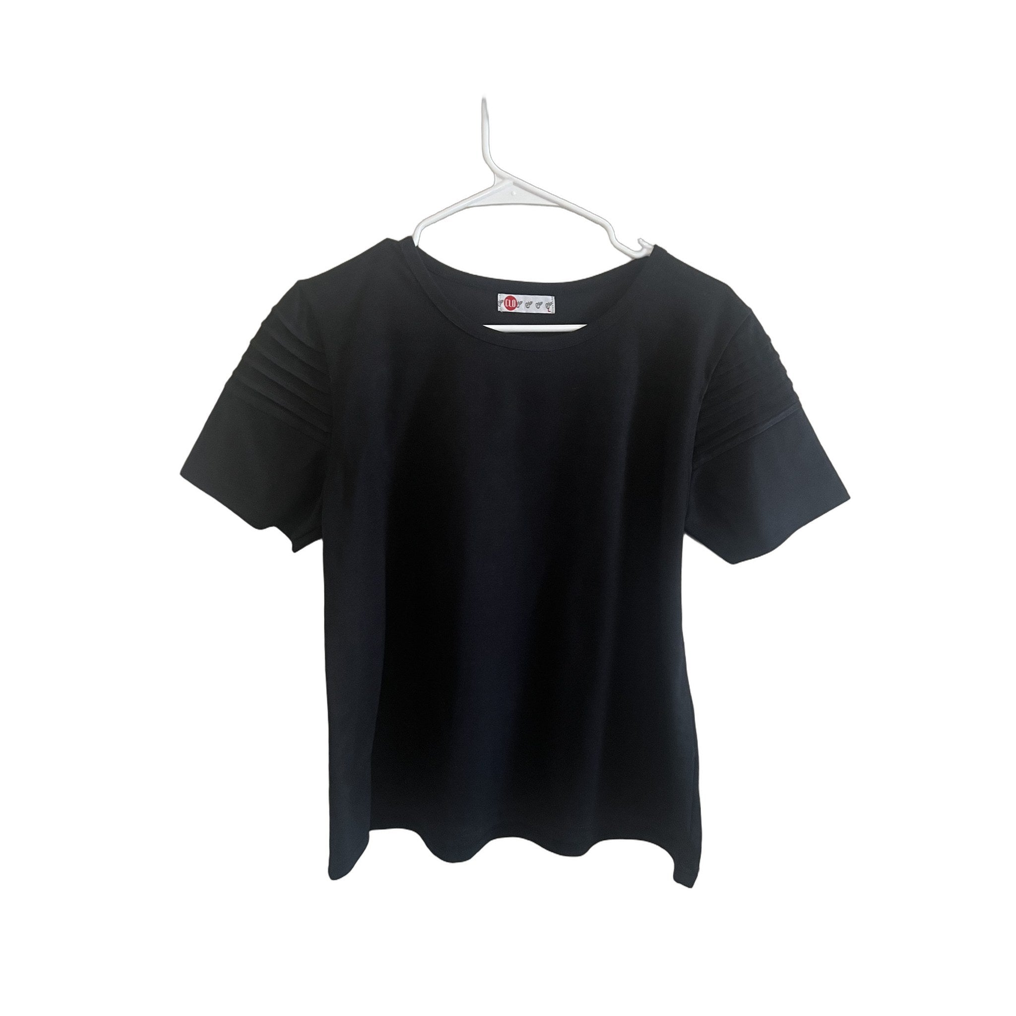 CLO Black Short Sleeve Top with Pintuck Sleeve Detail - Size L