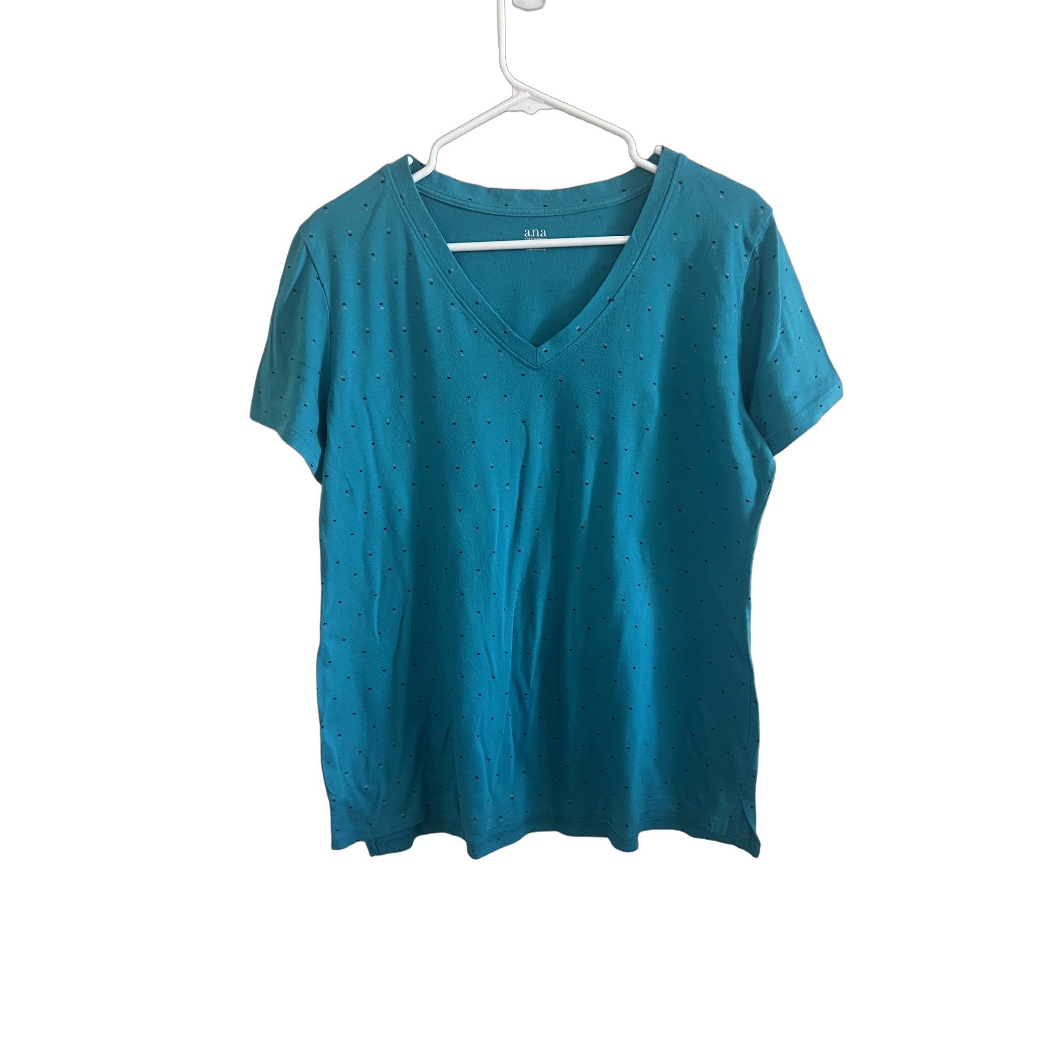 a.n.a Women's Teal Polka Dot V-Neck T-Shirt Size L