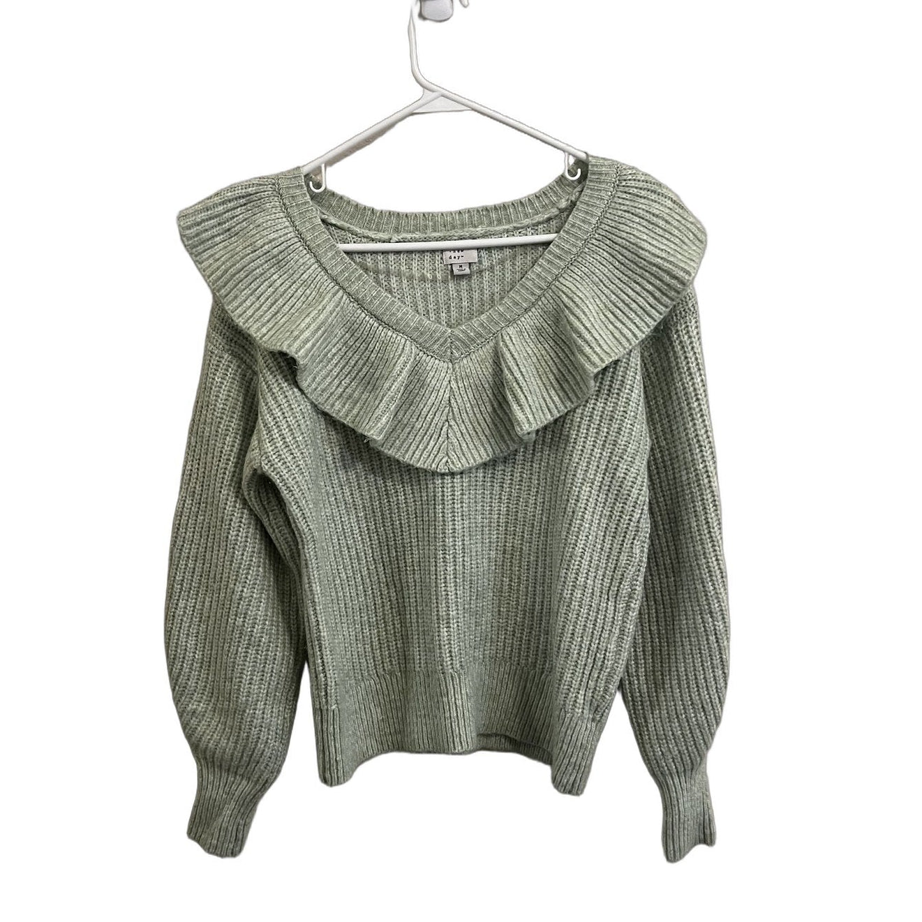 A New Day Sage Green Ruffle Collar Chunky Knit Sweater - Size M