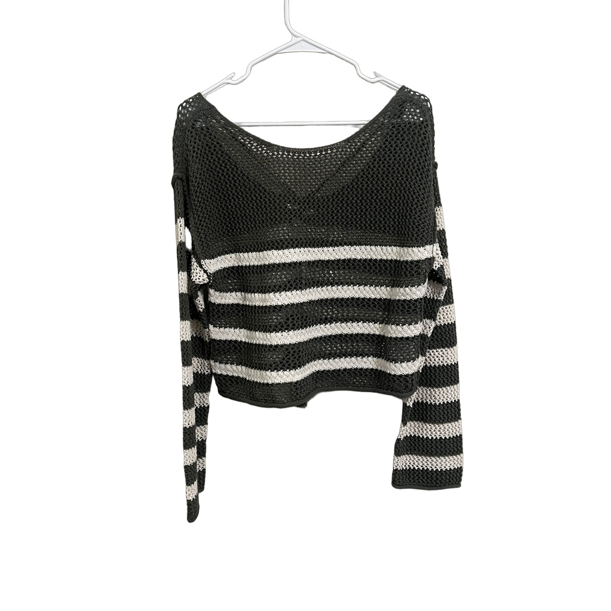 American Eagle Women's Olive Green White Striped Crochet Sweater Sz M NWT