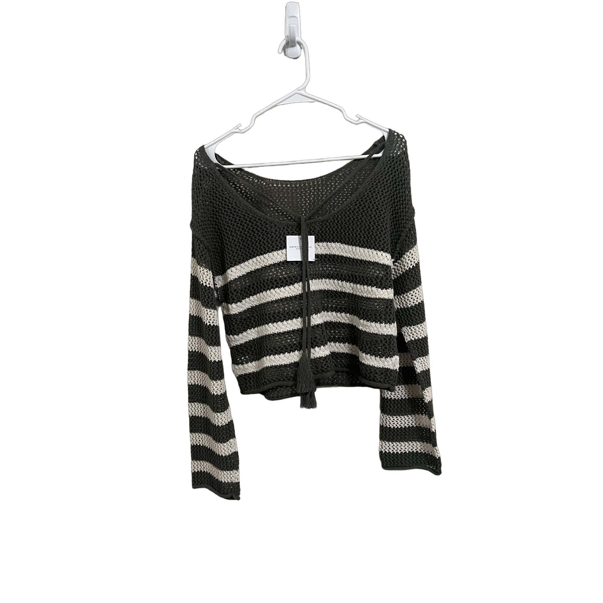 American Eagle Women's Olive Green White Striped Crochet Sweater Sz M NWT