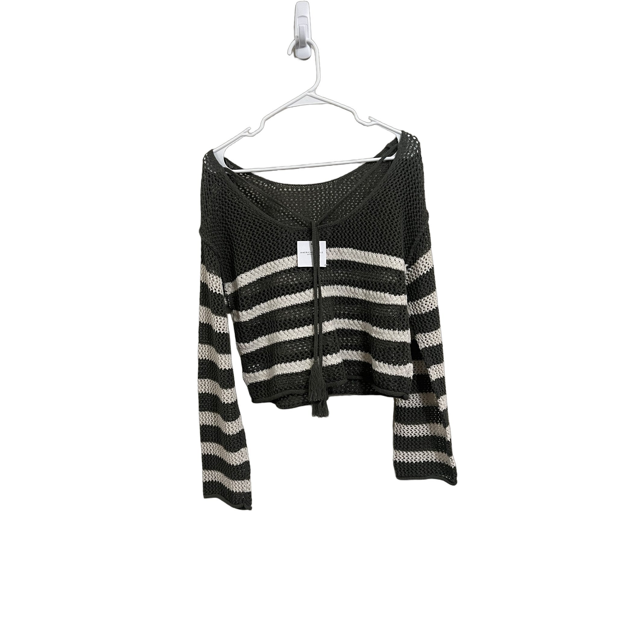 American Eagle Women's Olive Green White Striped Crochet Sweater Sz M NWT