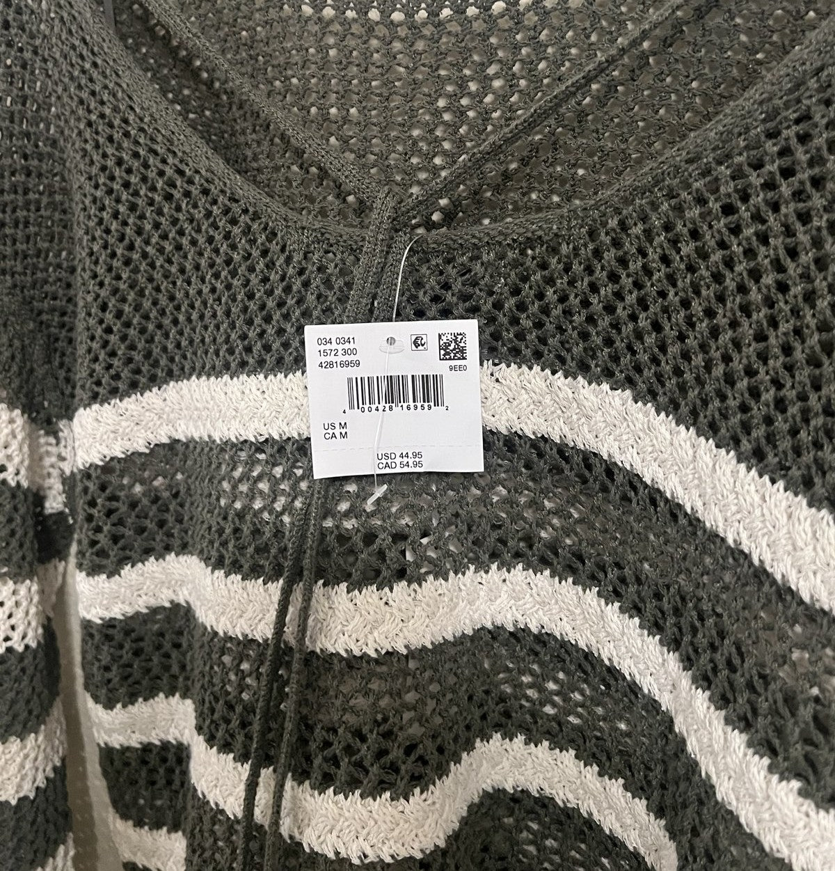 American Eagle Women's Olive Green White Striped Crochet Sweater Sz M NWT