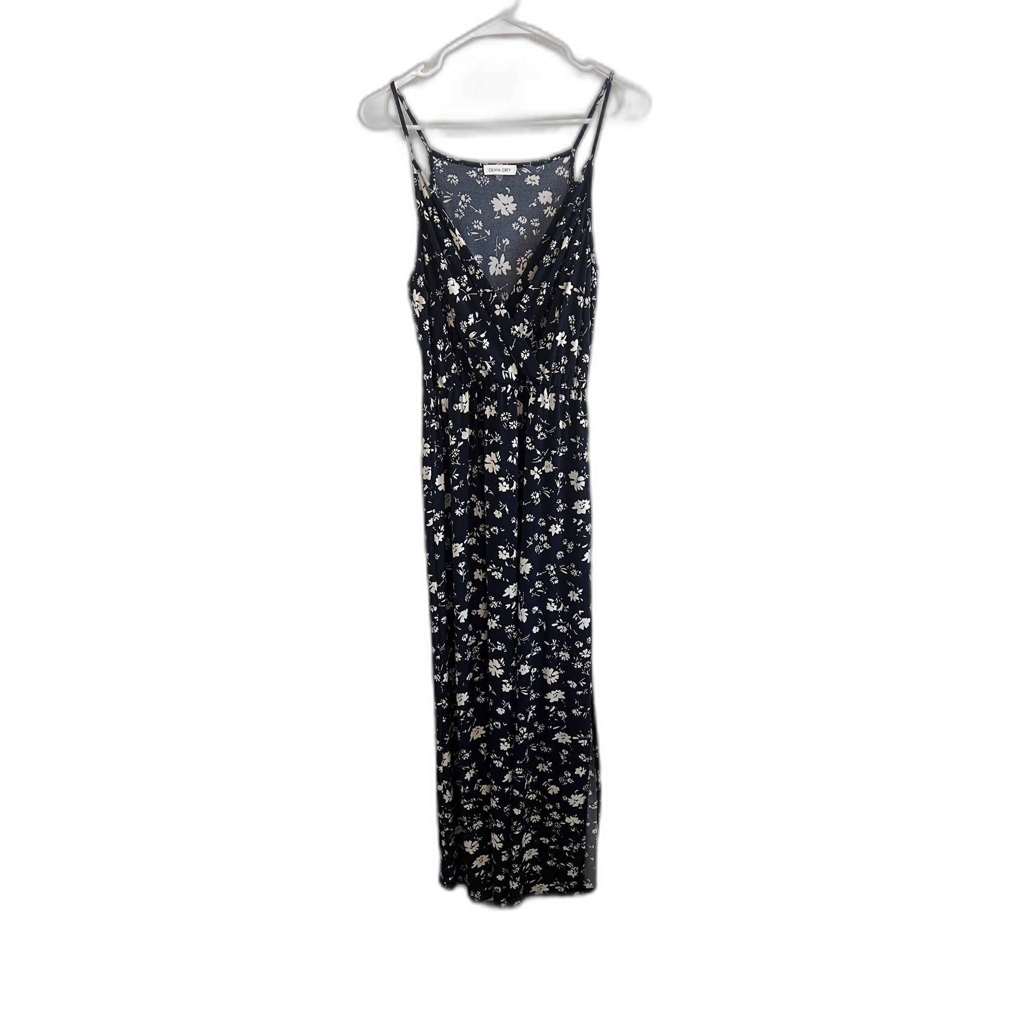 Olivia Grey Navy Floral Maxi Dress with Slit - Size S