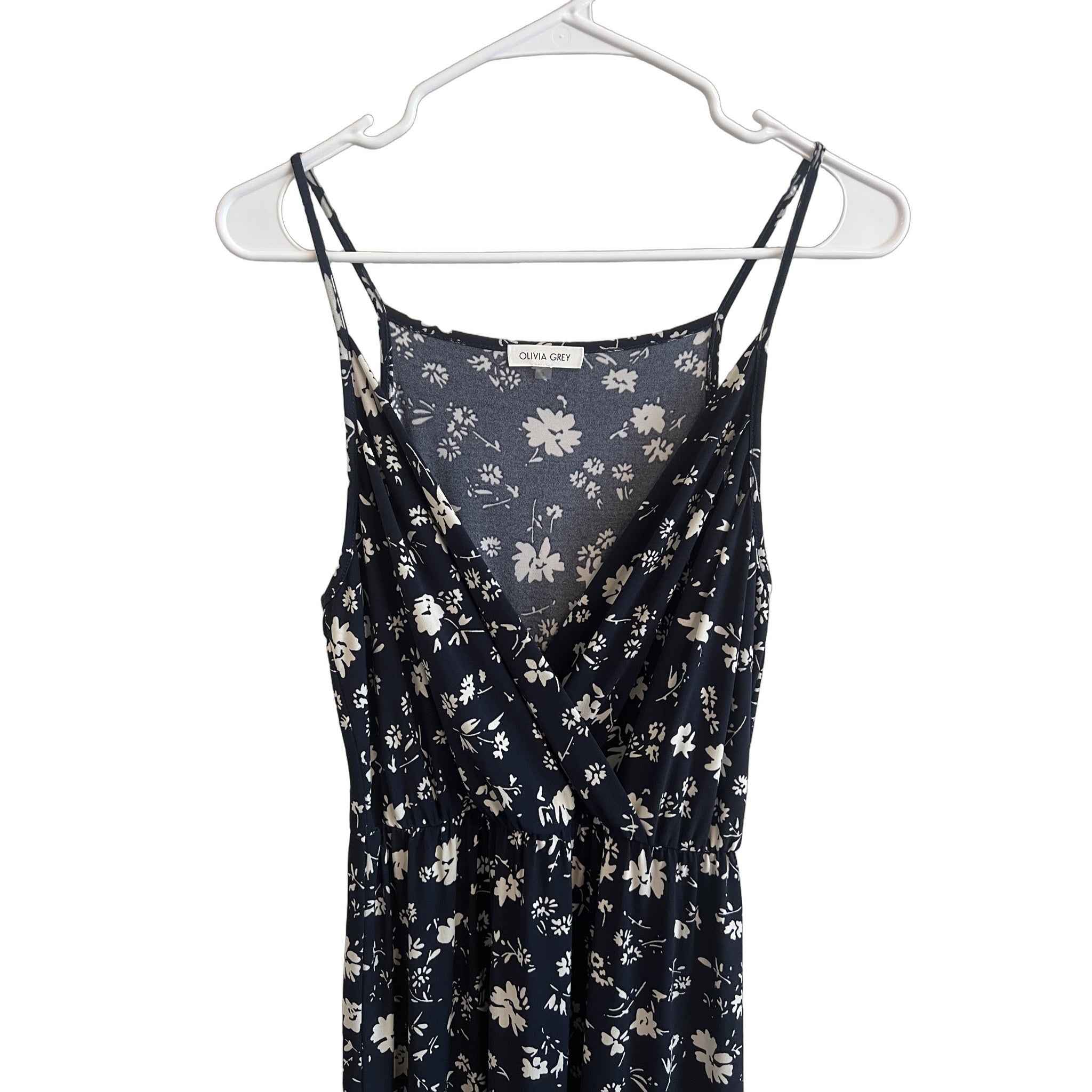 Olivia Grey Navy Floral Maxi Dress with Slit - Size S
