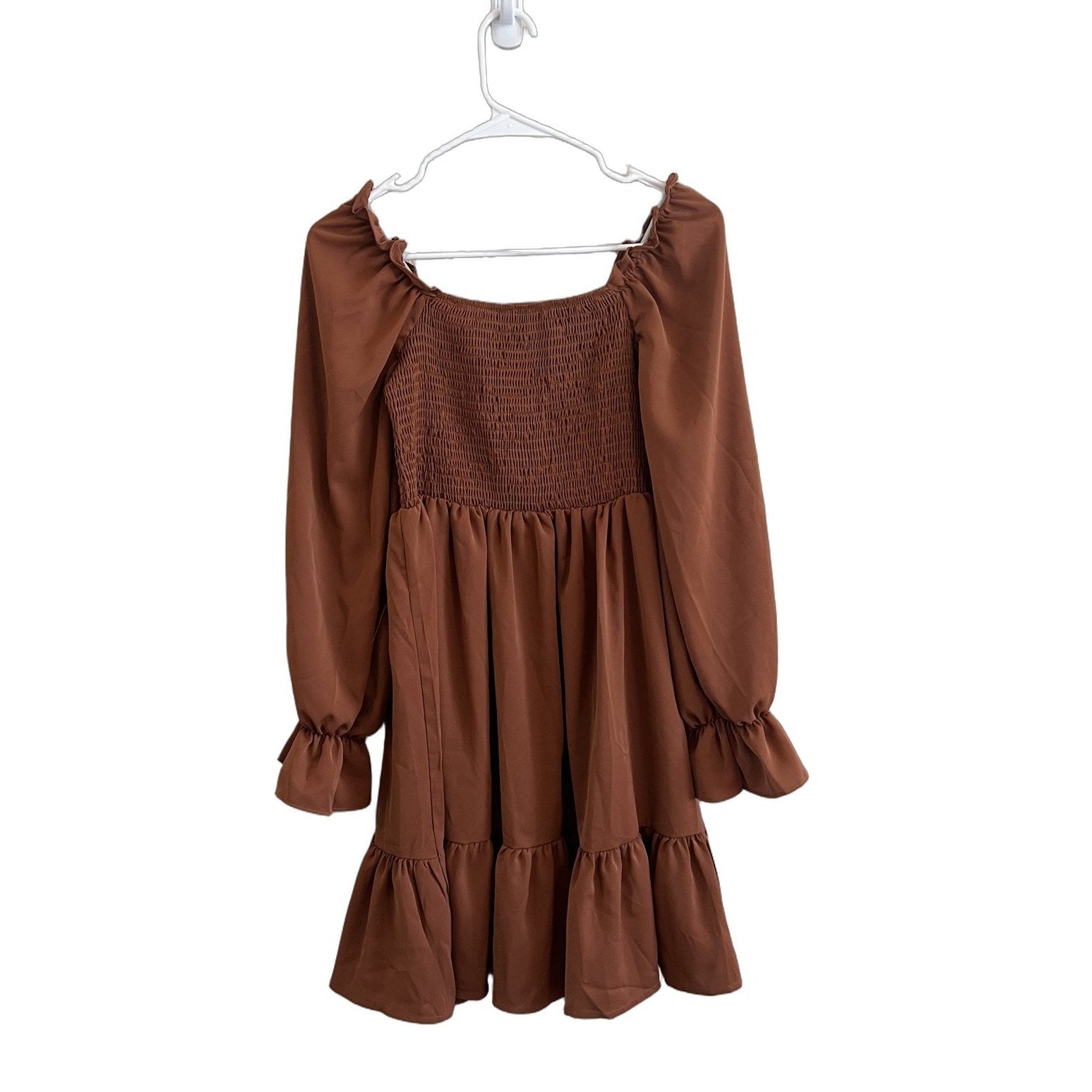 Rust Brown Smocked Long Sleeve Mini Dress with Ruffle Hem