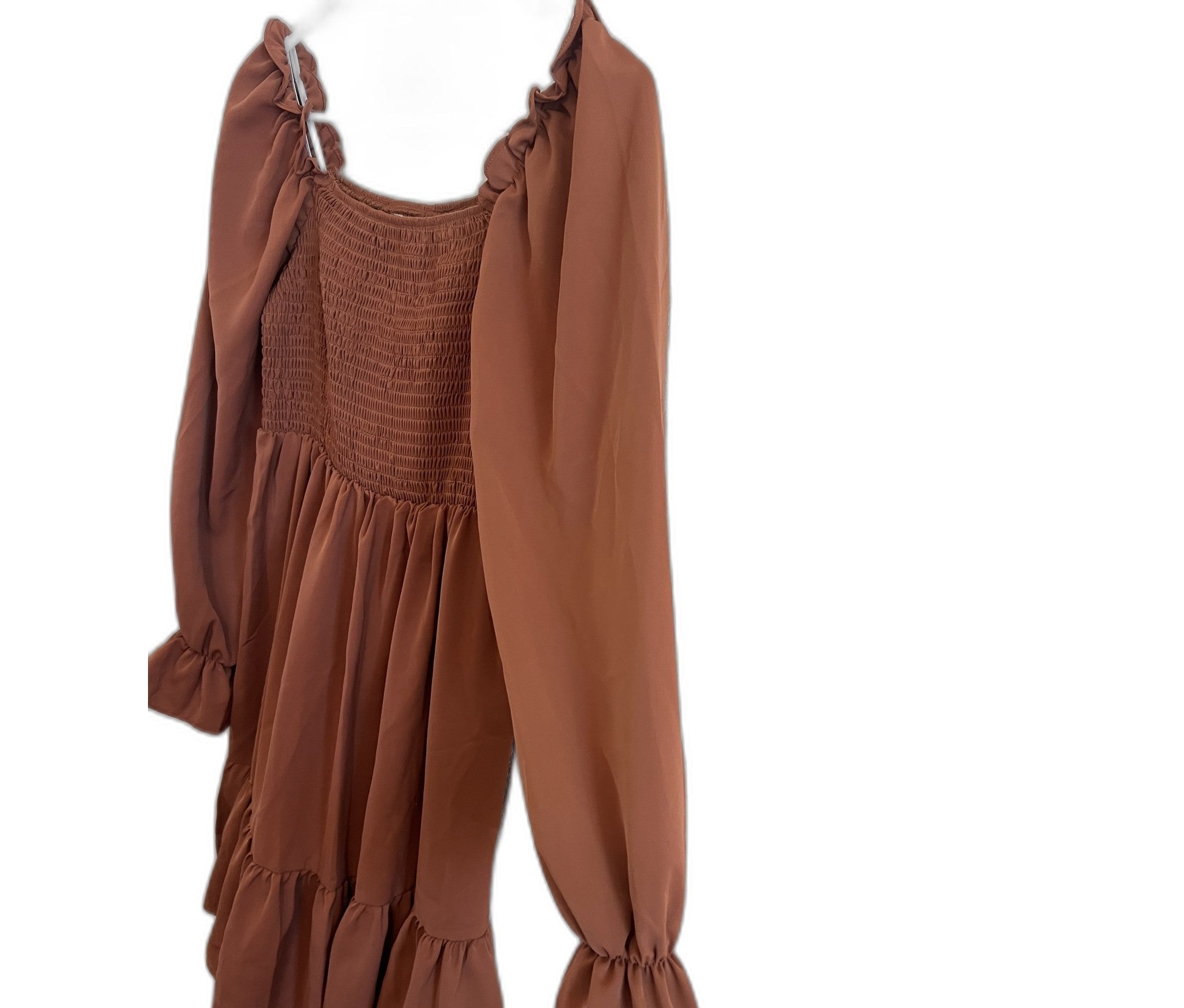 Rust Brown Smocked Long Sleeve Mini Dress with Ruffle Hem