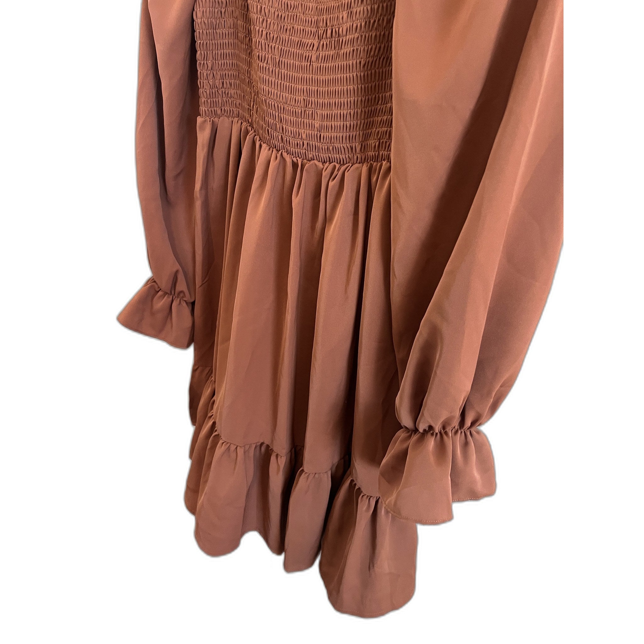 Rust Brown Smocked Long Sleeve Mini Dress with Ruffle Hem
