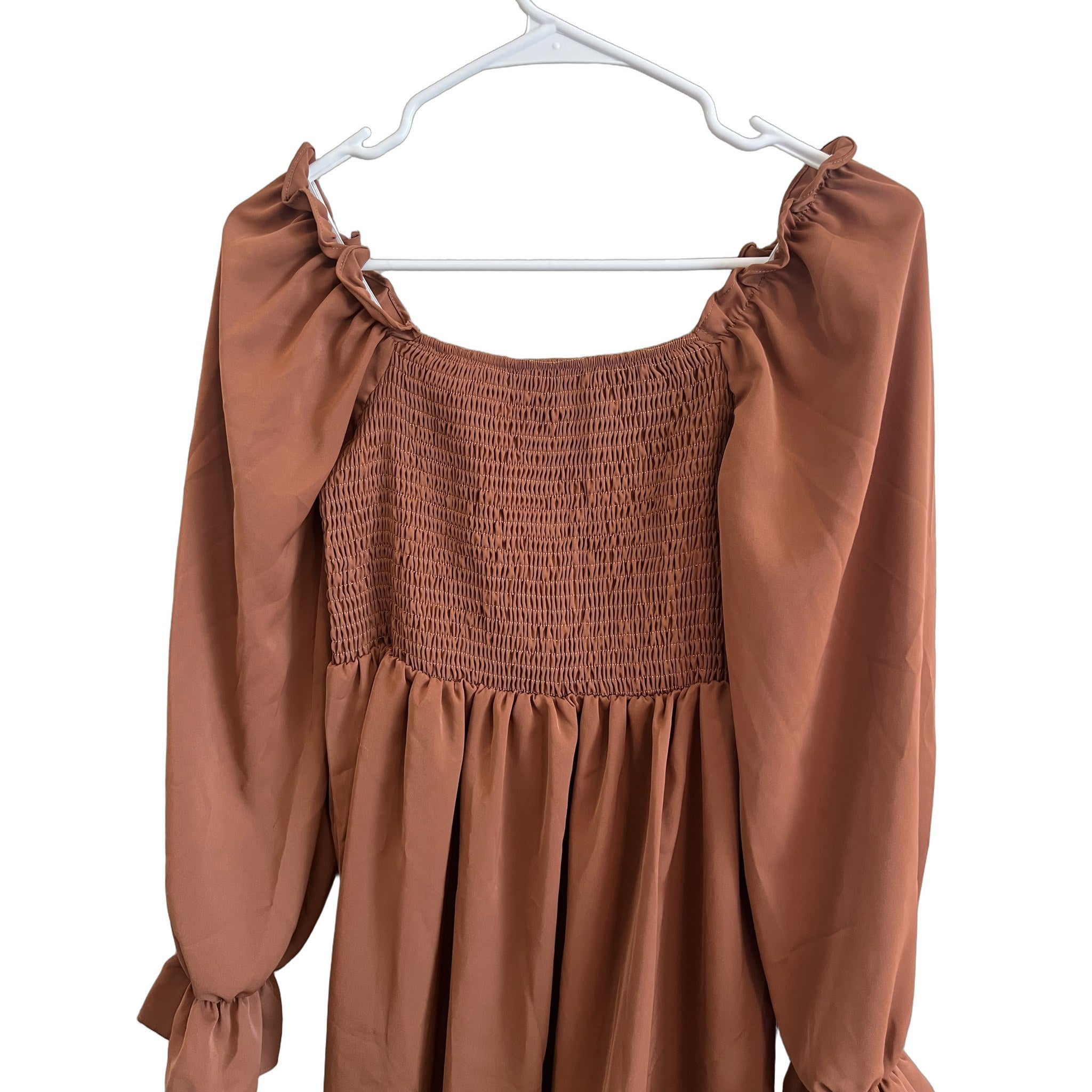 Rust Brown Smocked Long Sleeve Mini Dress with Ruffle Hem