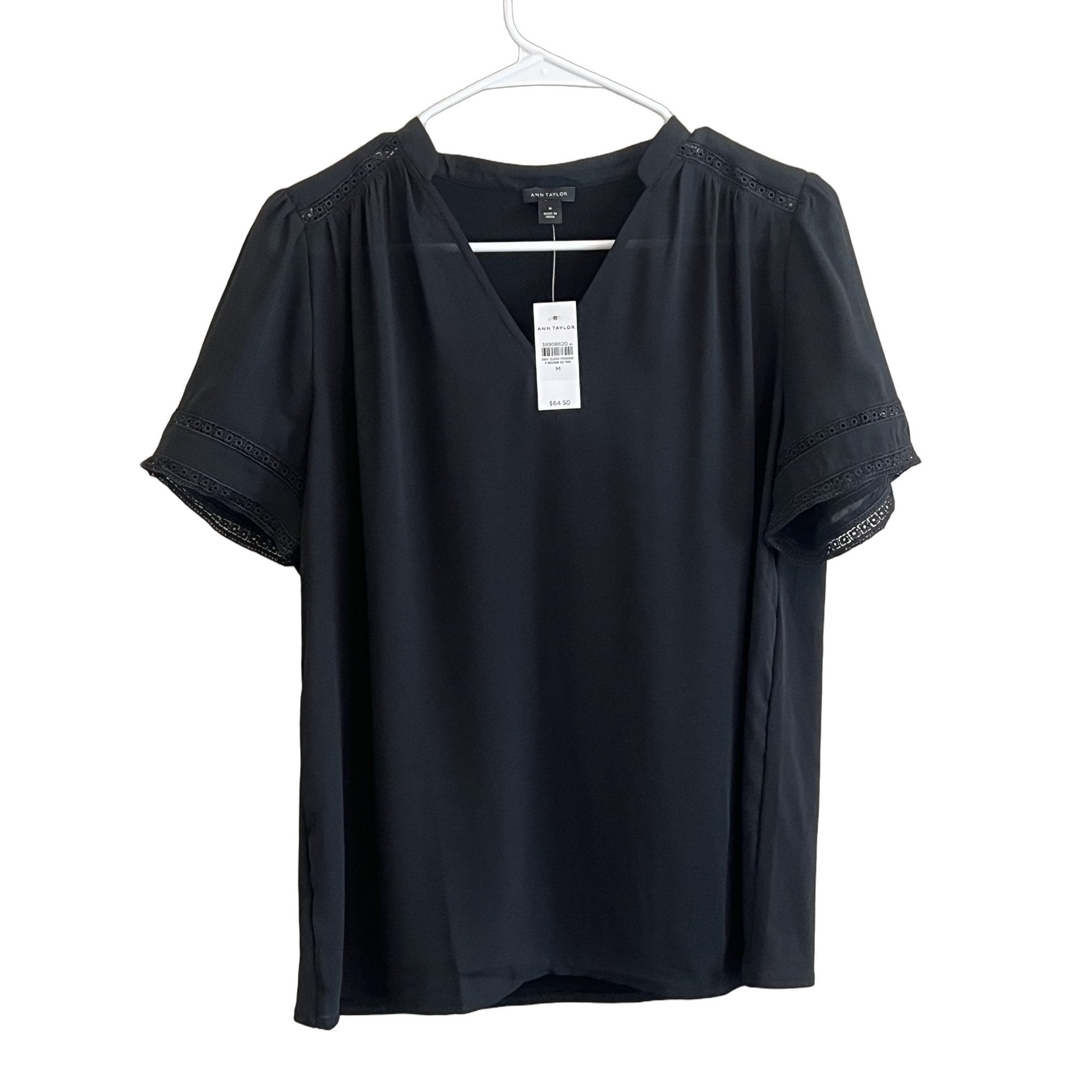 Ann Taylor Women's Black V-Neck Blouse with Lace Trim Sleeves - Size M NWT