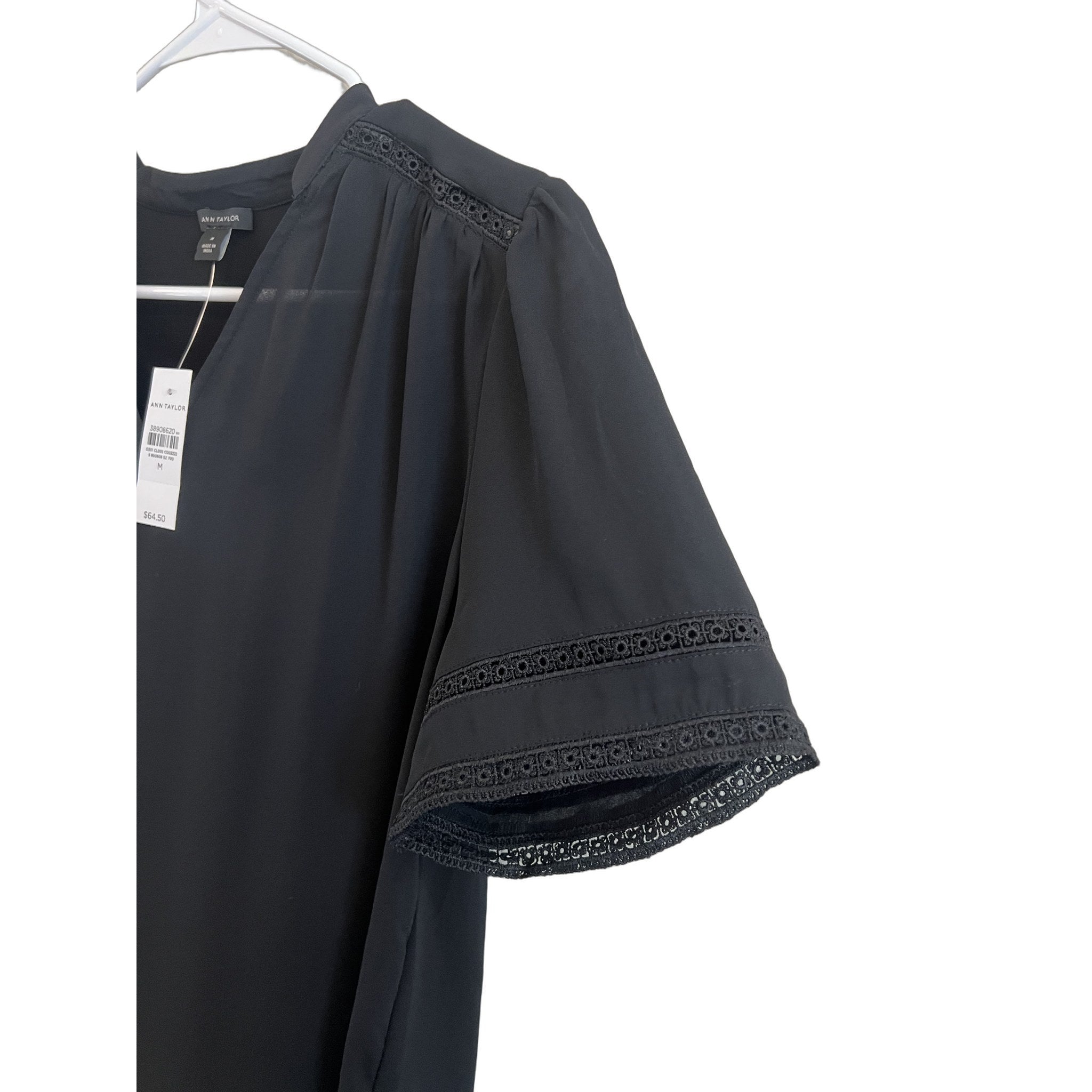 Ann Taylor Women's Black V-Neck Blouse with Lace Trim Sleeves - Size M NWT