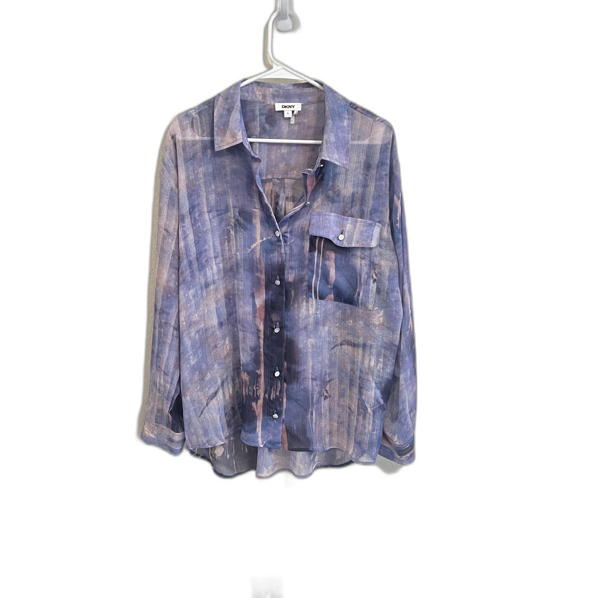 DKNY Women's Sheer Abstract Print Button-Up Blouse Size M