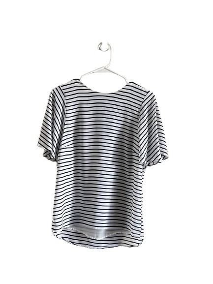 White & Navy Striped Blouse with Tie-Back Detail