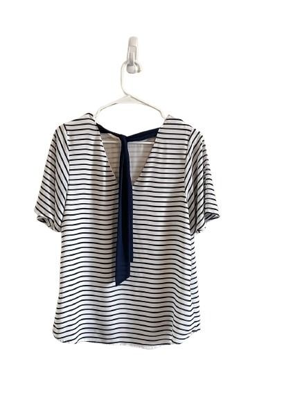White & Navy Striped Blouse with Tie-Back Detail