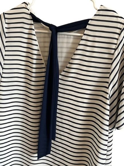 White & Navy Striped Blouse with Tie-Back Detail
