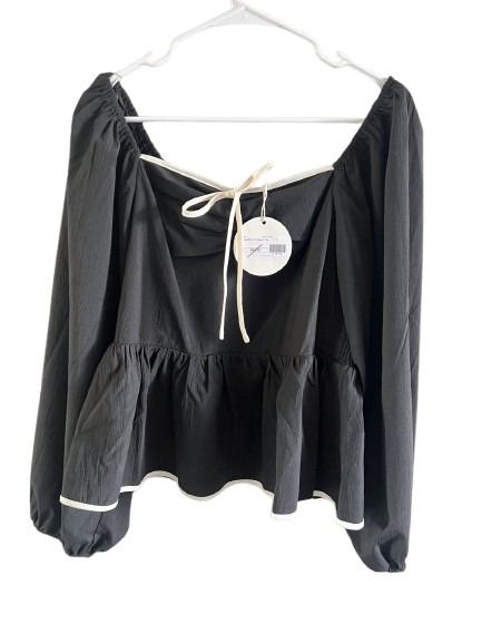 NWT Black Peplum Long Sleeve Top with White Trim, Size L
