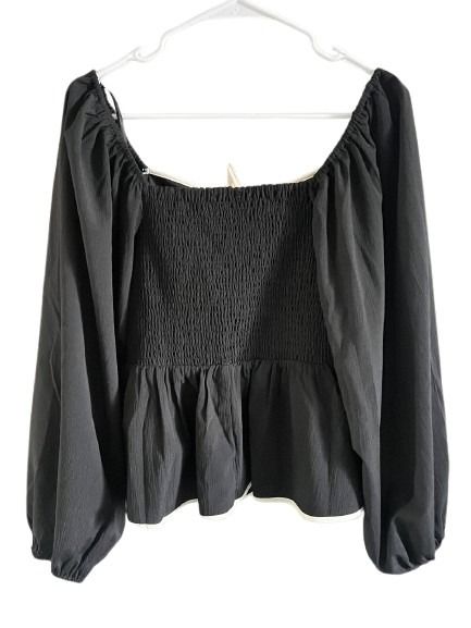 NWT Black Peplum Long Sleeve Top with White Trim, Size L