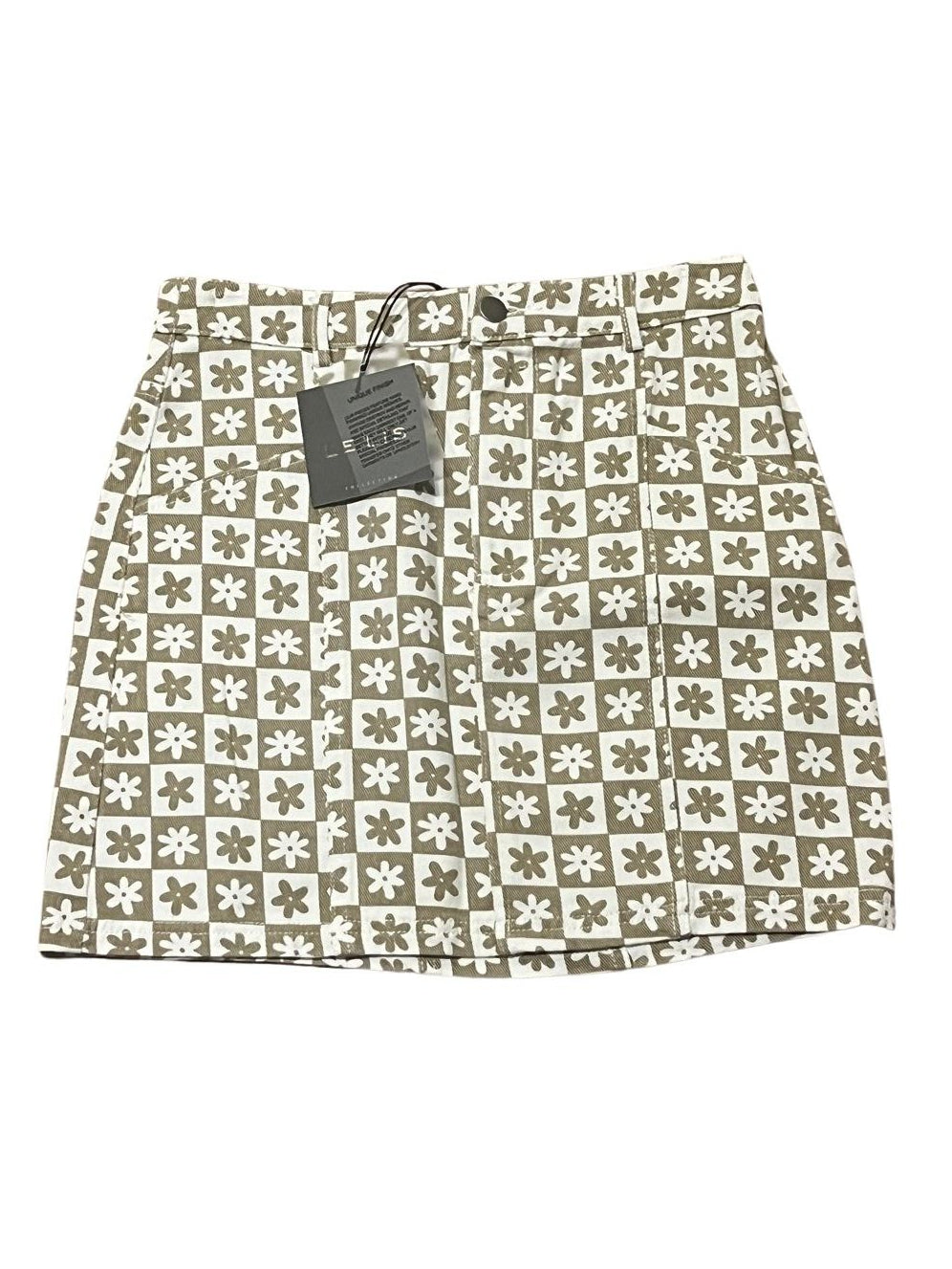 Lelis Collection White/Taupe Checker Floral High-Rise Mini Skirt Sz S NWT