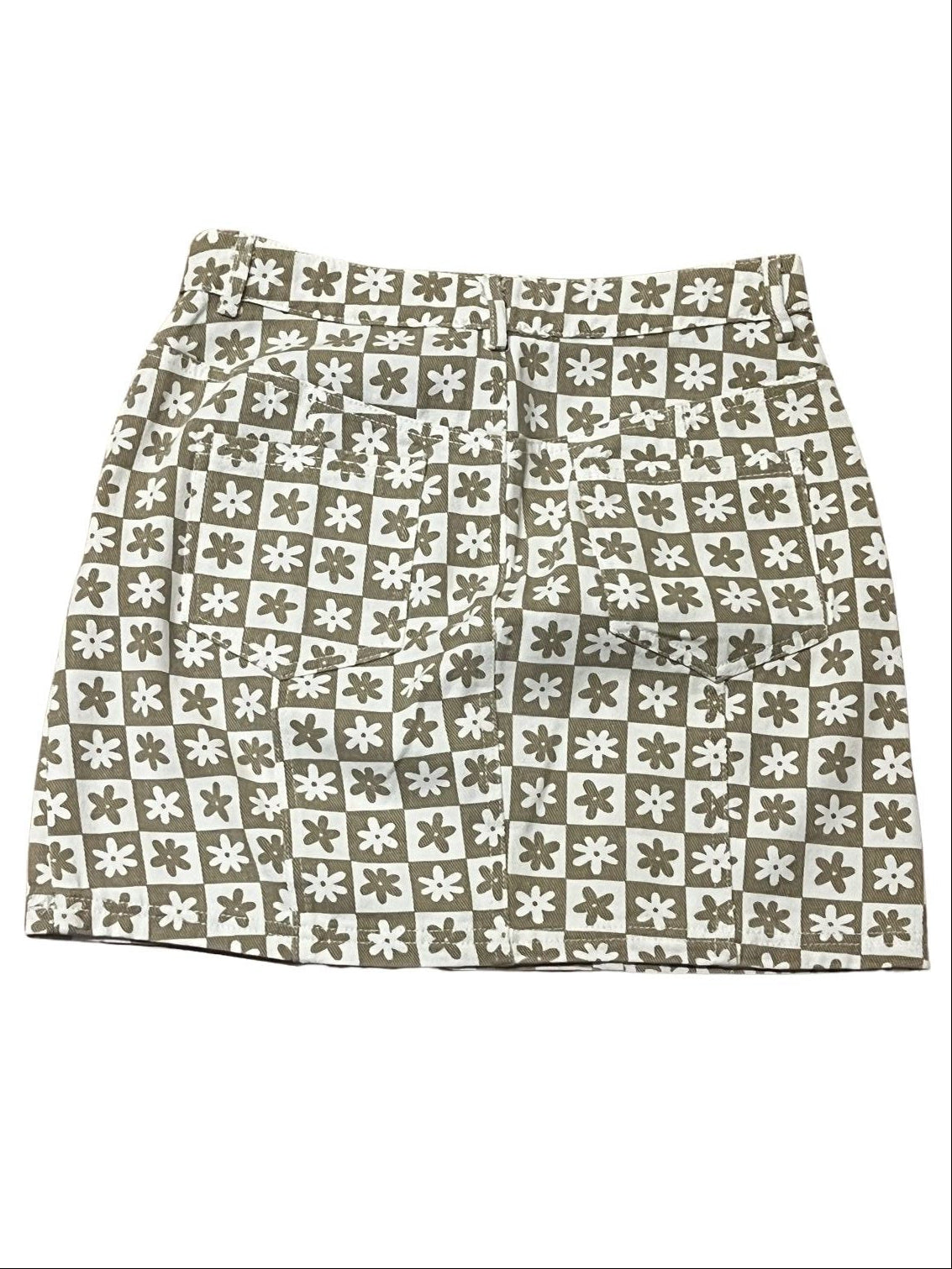 Lelis Collection White/Taupe Checker Floral High-Rise Mini Skirt Sz S NWT