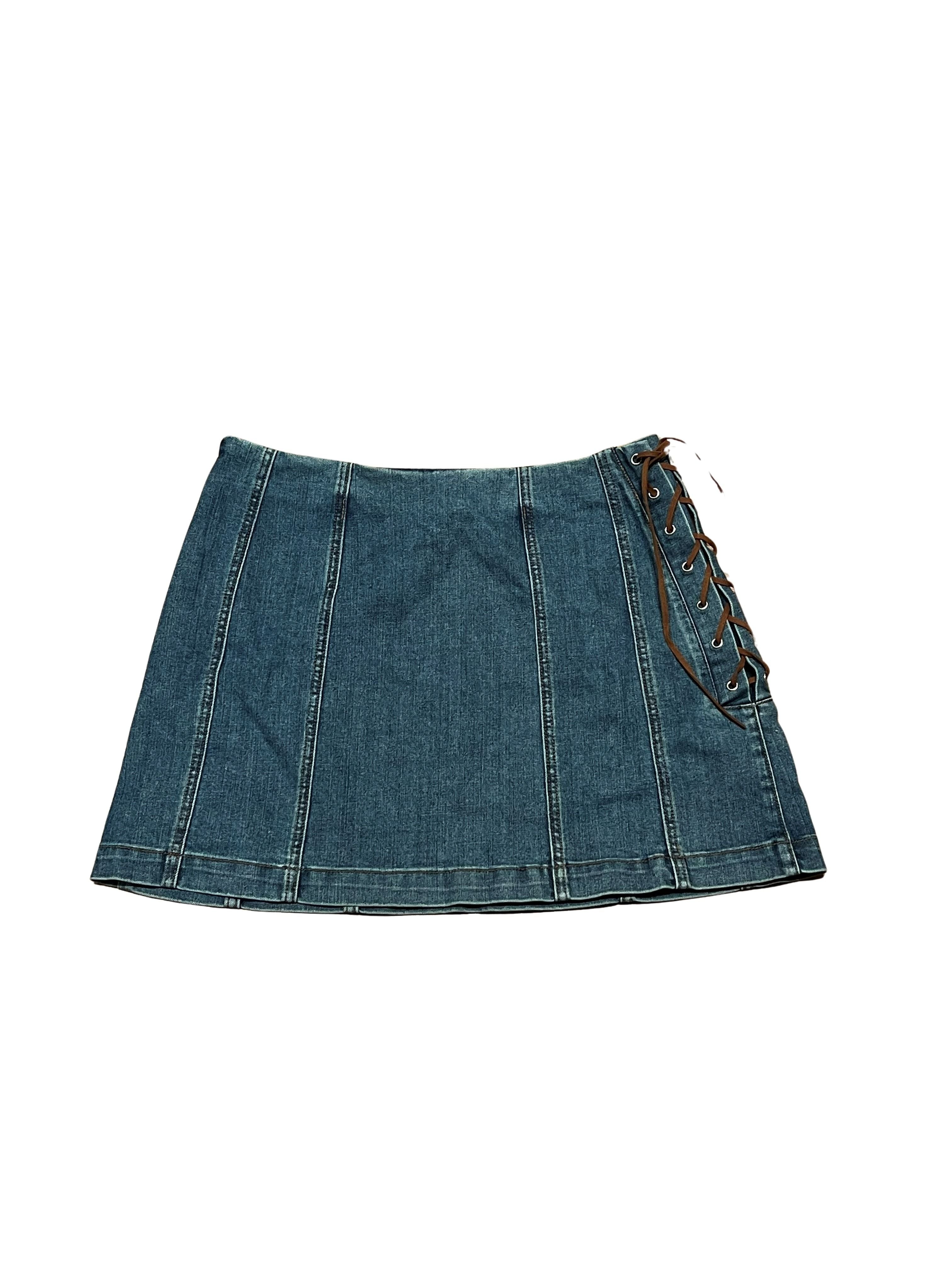 Cider Denim Mini Skirt with Lace-Up Side Detail - Midblue
