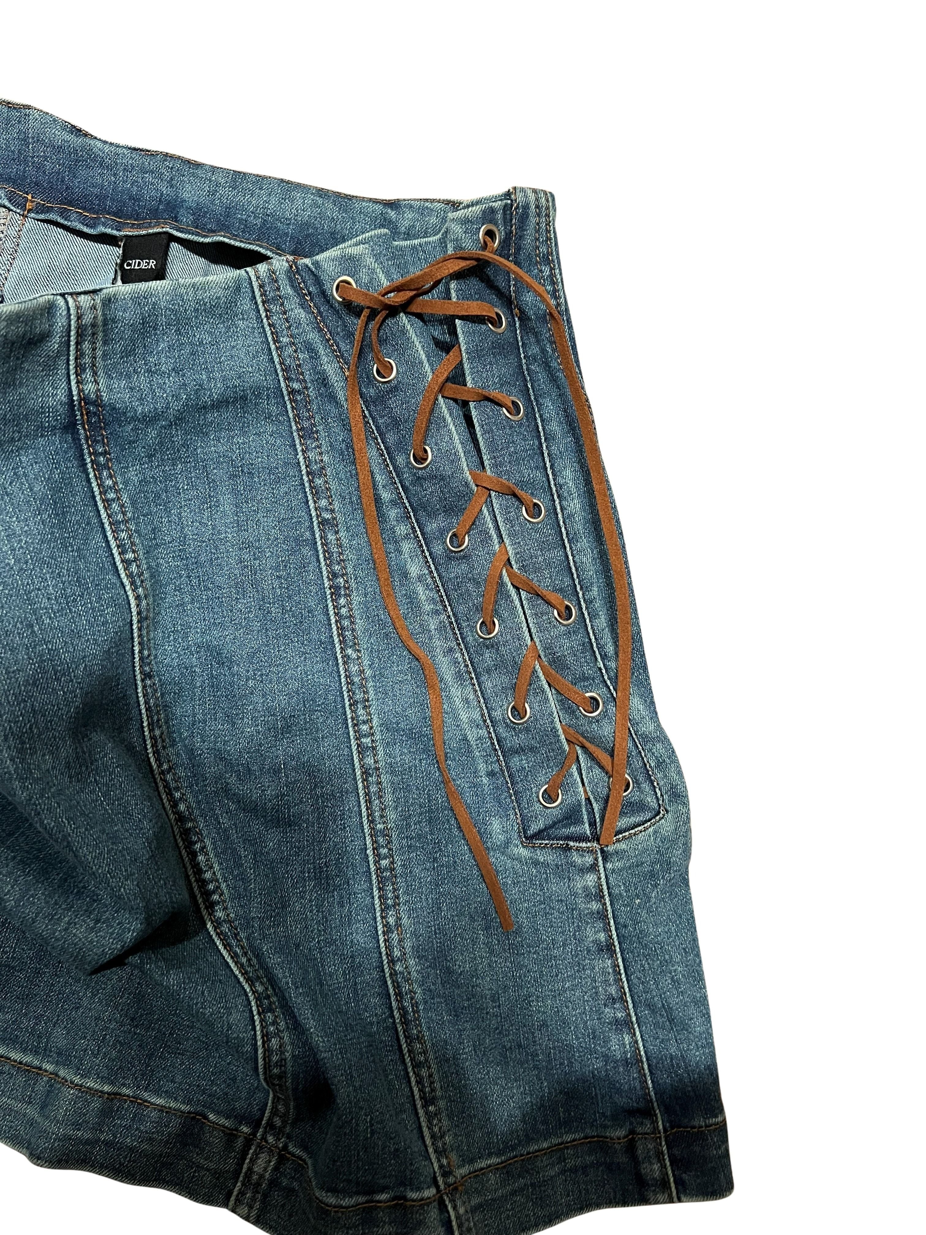 Cider Denim Mini Skirt with Lace-Up Side Detail - Midblue