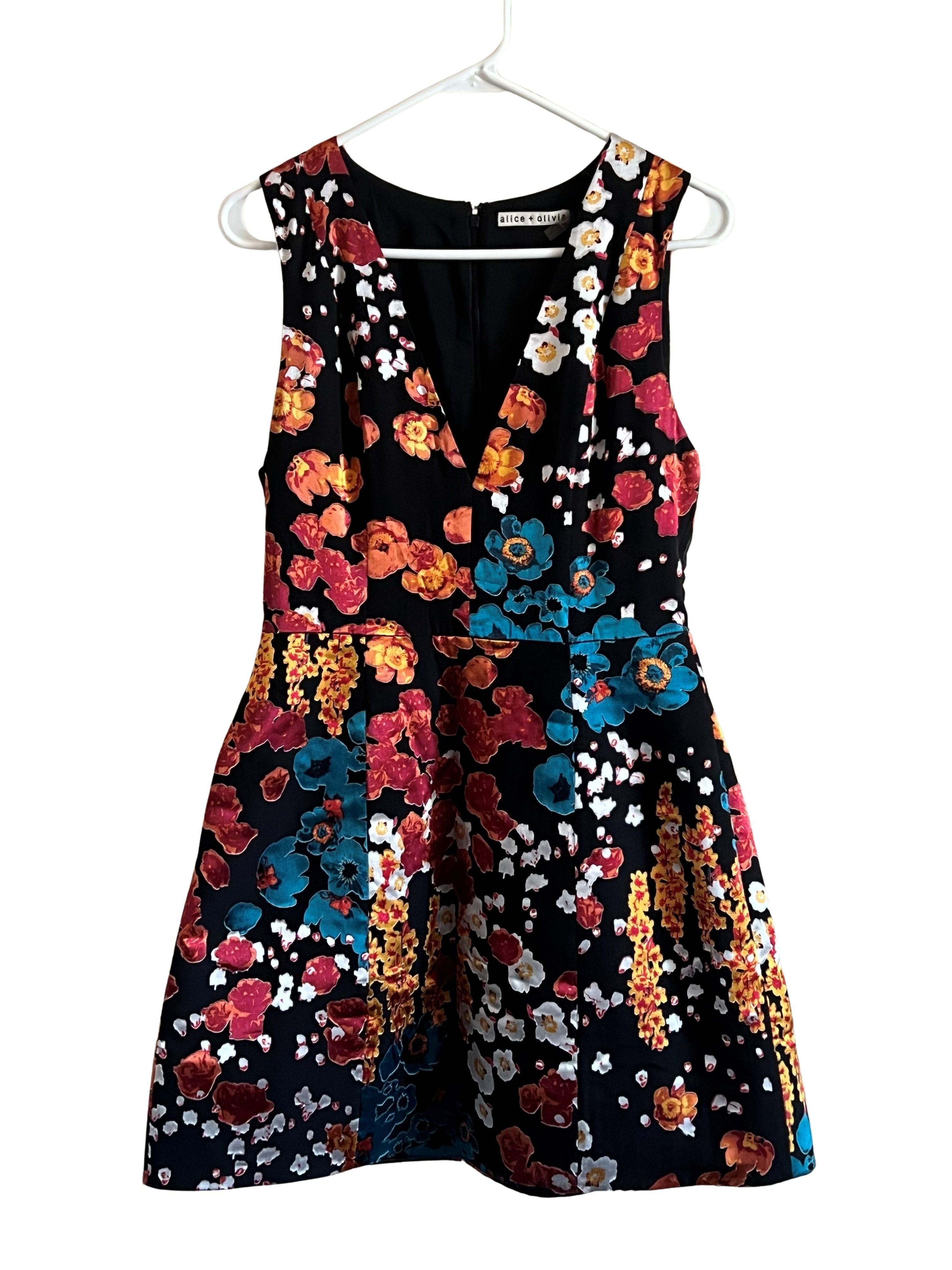 Alice + Olivia Black Floral Print Fit & Flare Dress Sz S NWT