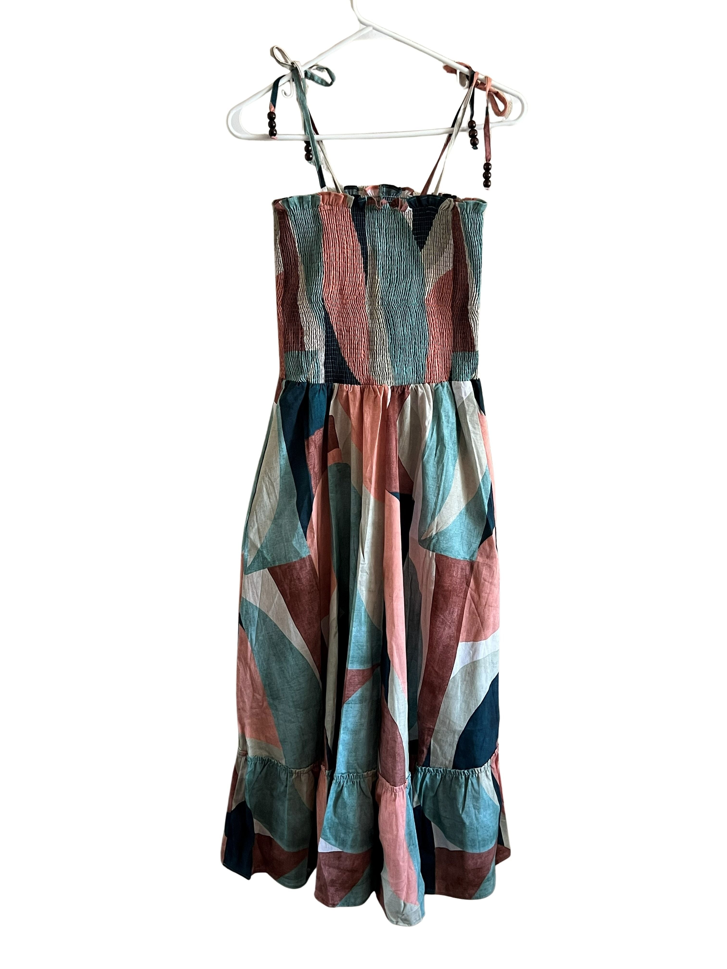 Peixoto Smocked Midi Dress Size M Abstract Geometric Print Tie Straps