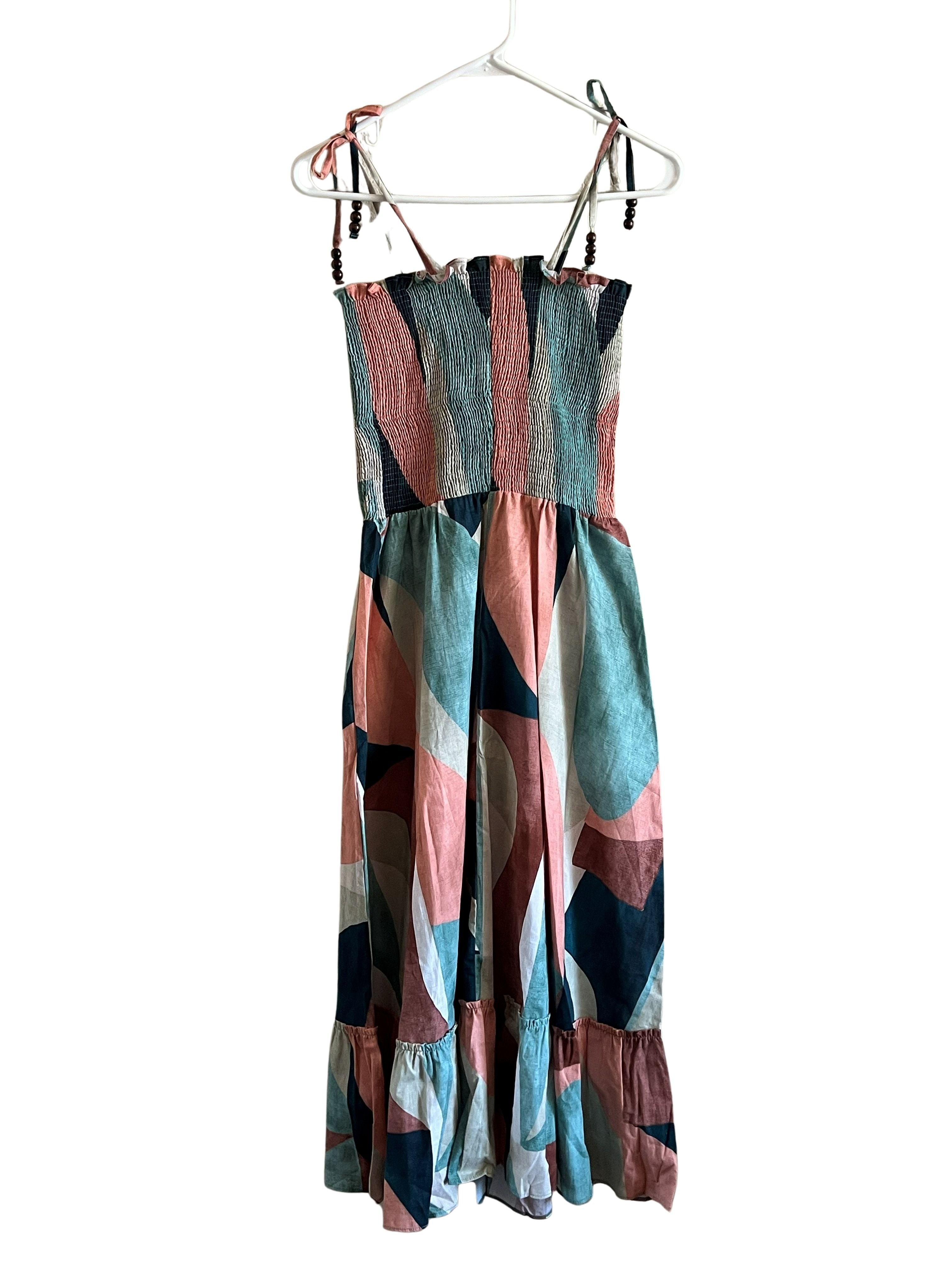 Peixoto Smocked Midi Dress Size M Abstract Geometric Print Tie Straps