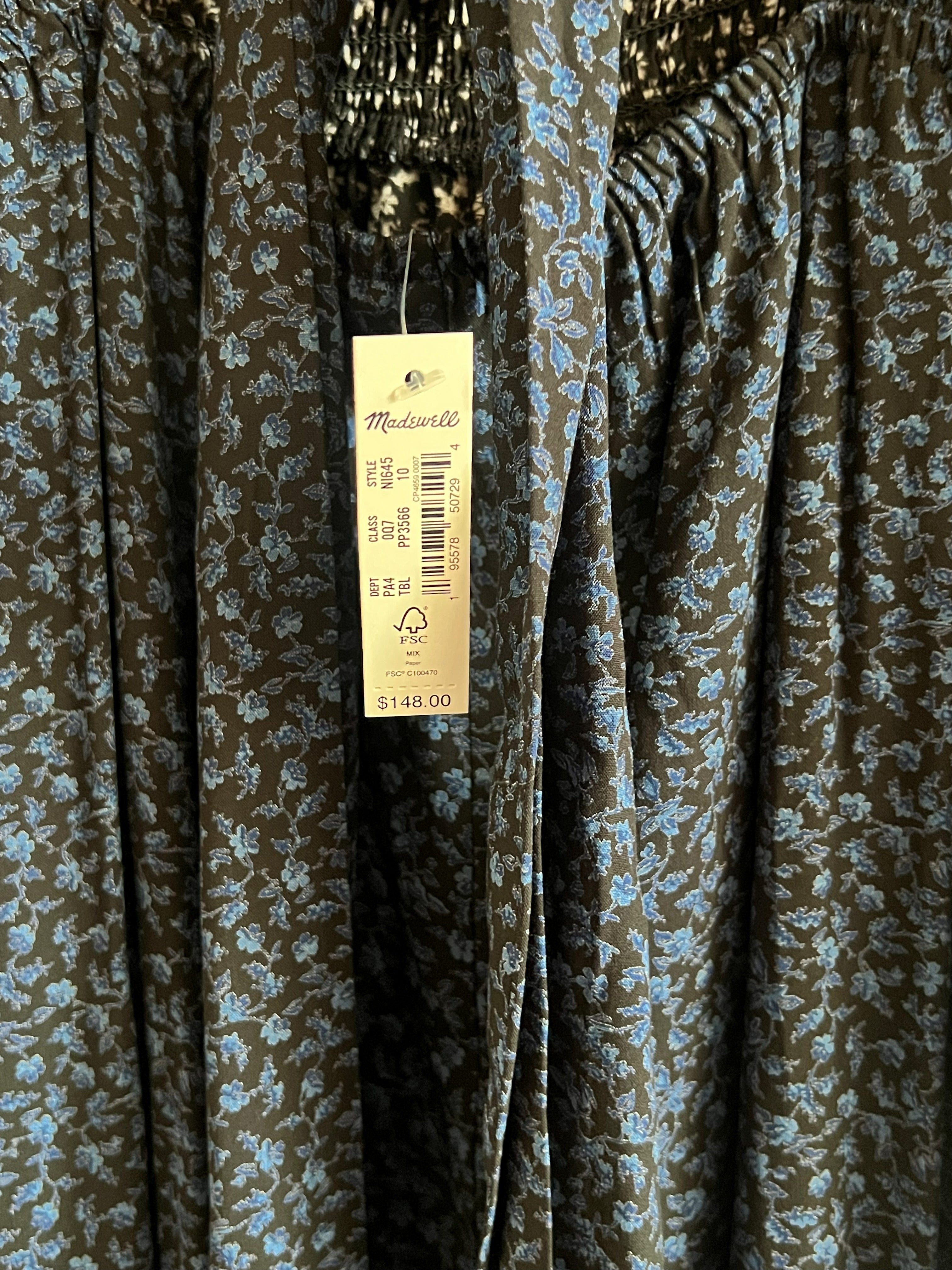 Madewell Navy Floral Smocked Long Sleeve Jumpsuit, Size 10 NWT