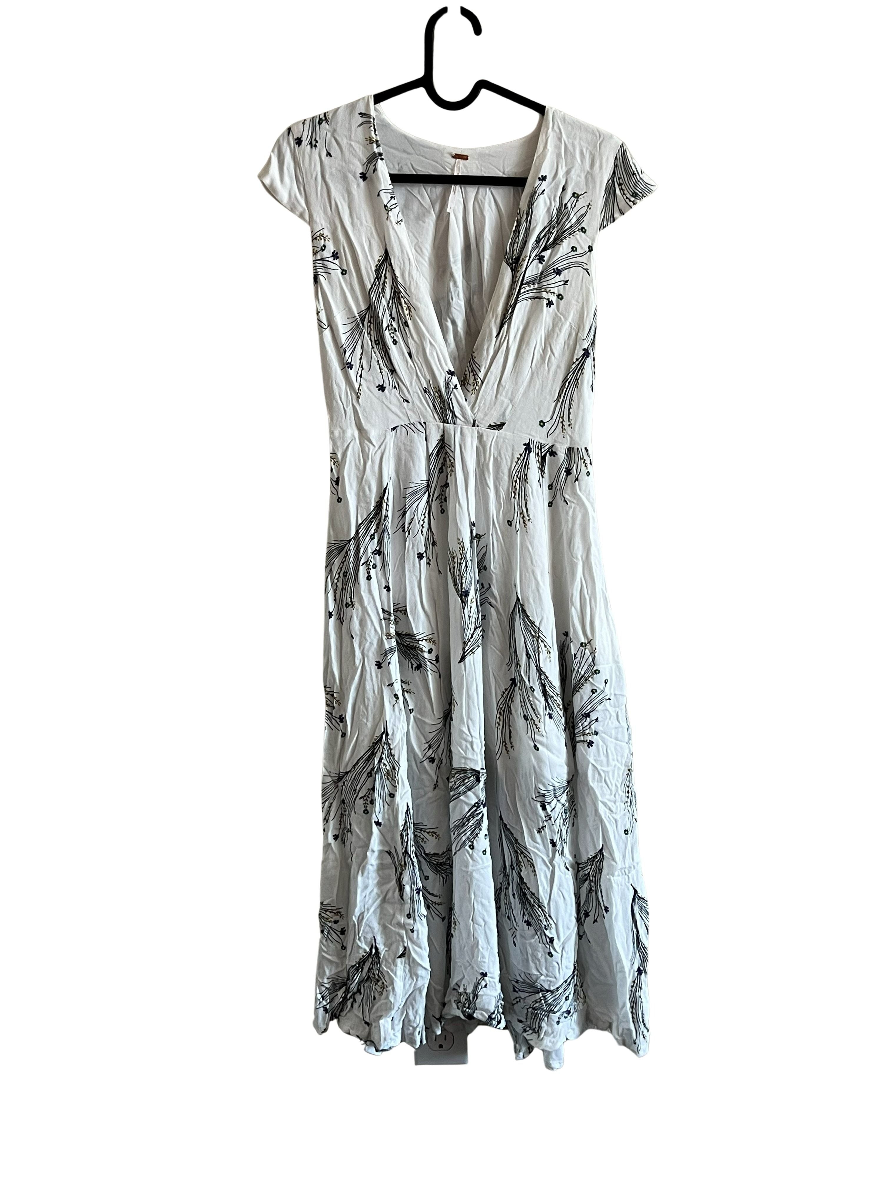 Free People White Floral Print Midi Dress Size 0 Cap Sleeve V-Neck