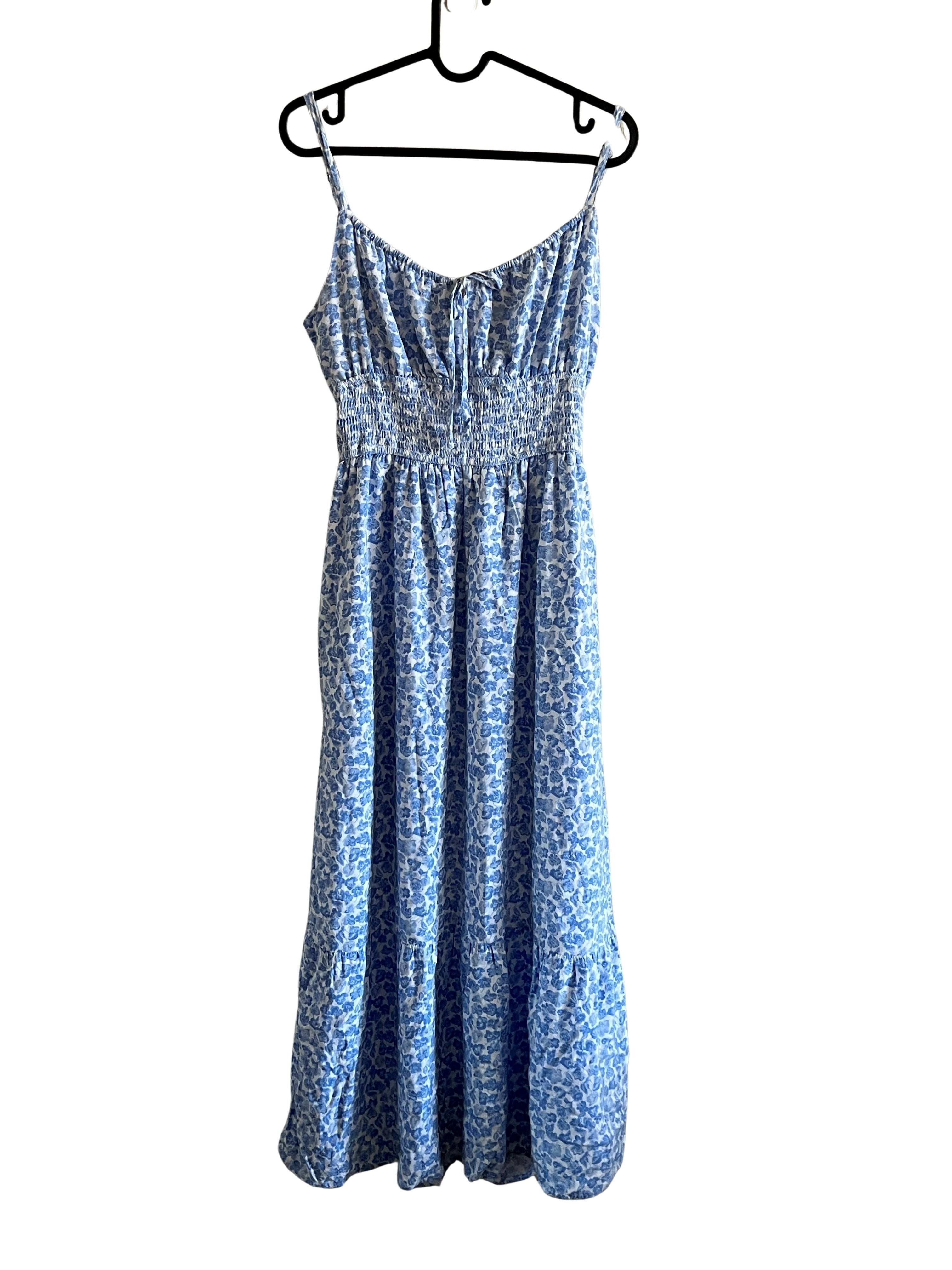 Hollister Blue Floral Smocked Midi Dress with Tie Front - Size Regular