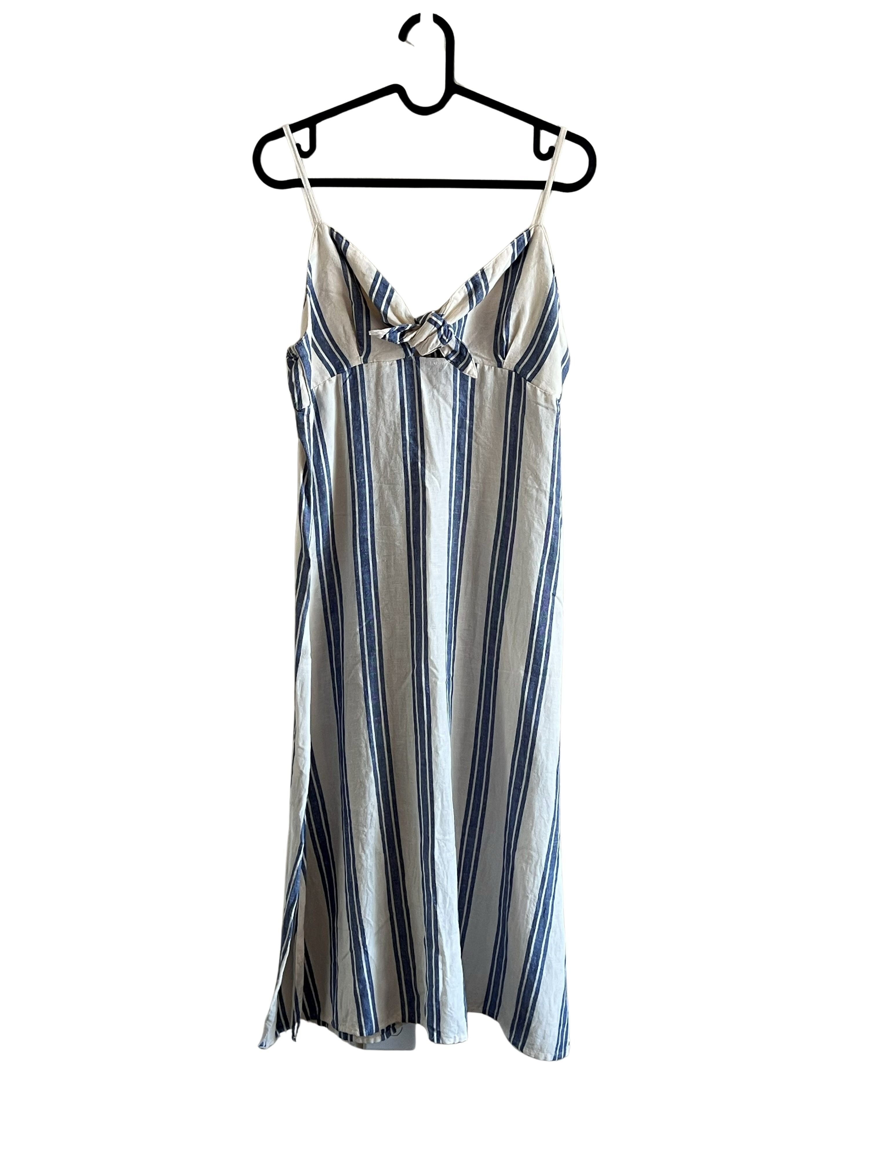 Roxy Blue & Cream Striped Midi Dress with Tie Front