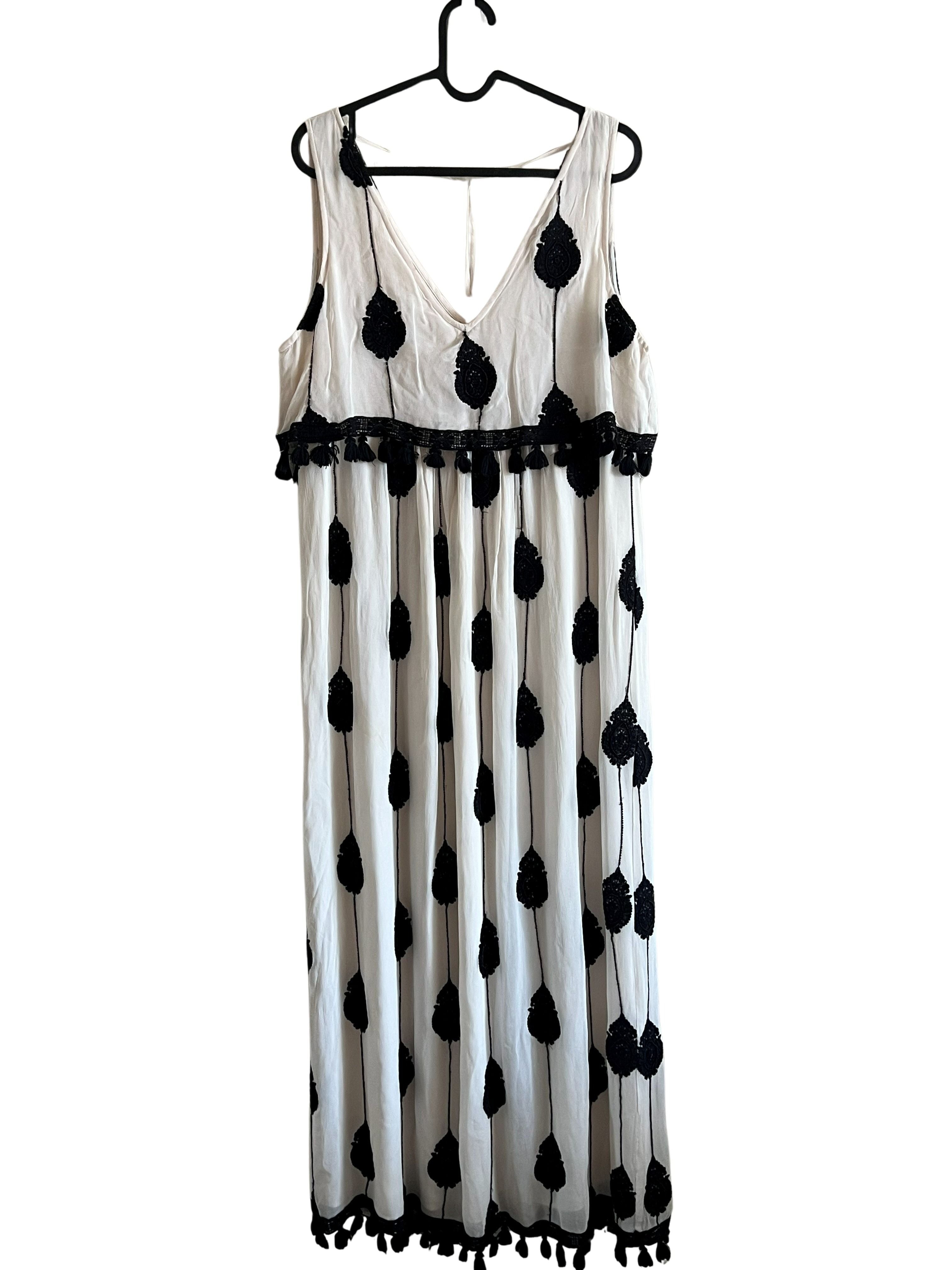 White & Black Beaded Tassel Trim Sleeveless Maxi Dress