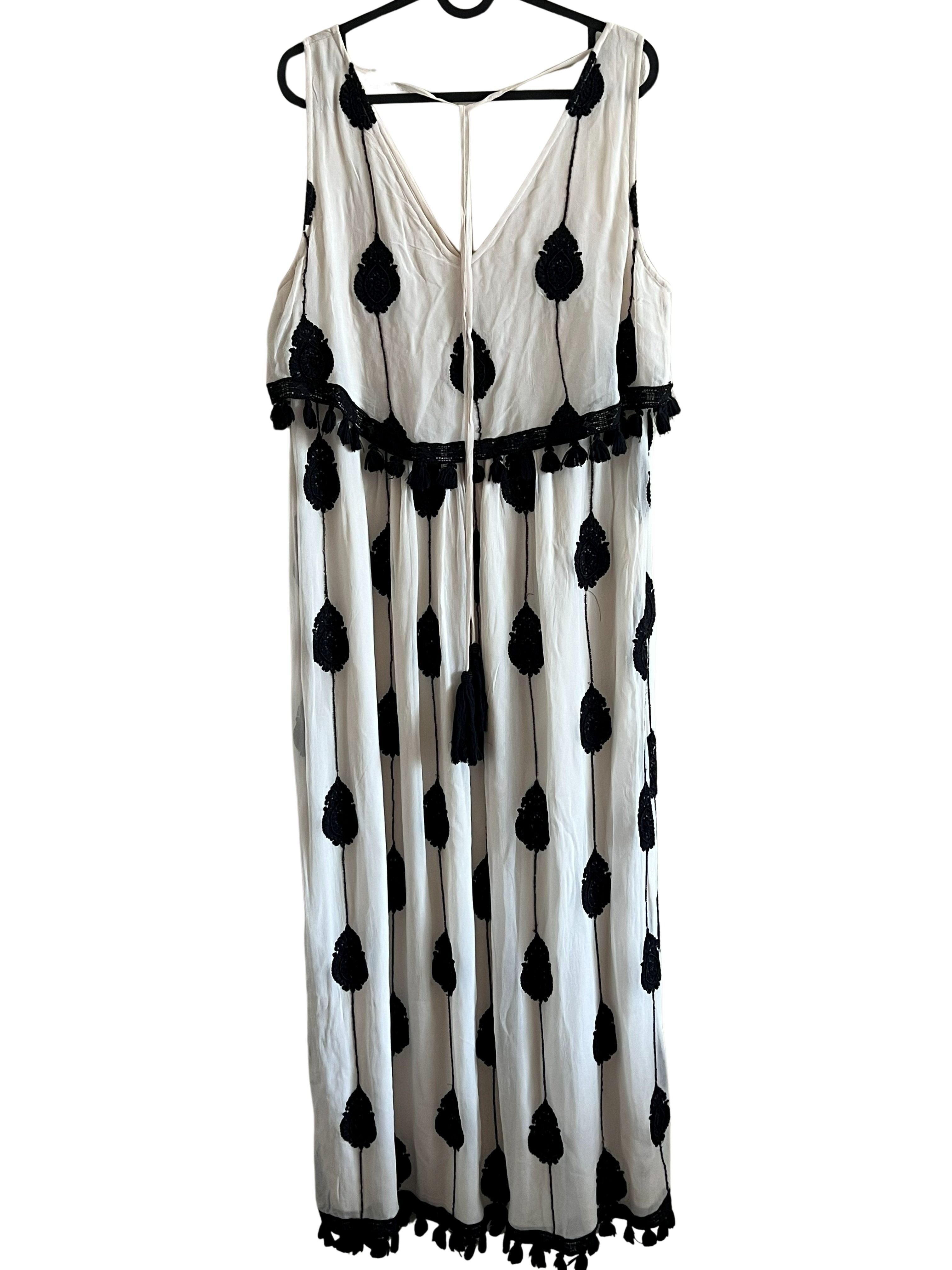 White & Black Beaded Tassel Trim Sleeveless Maxi Dress