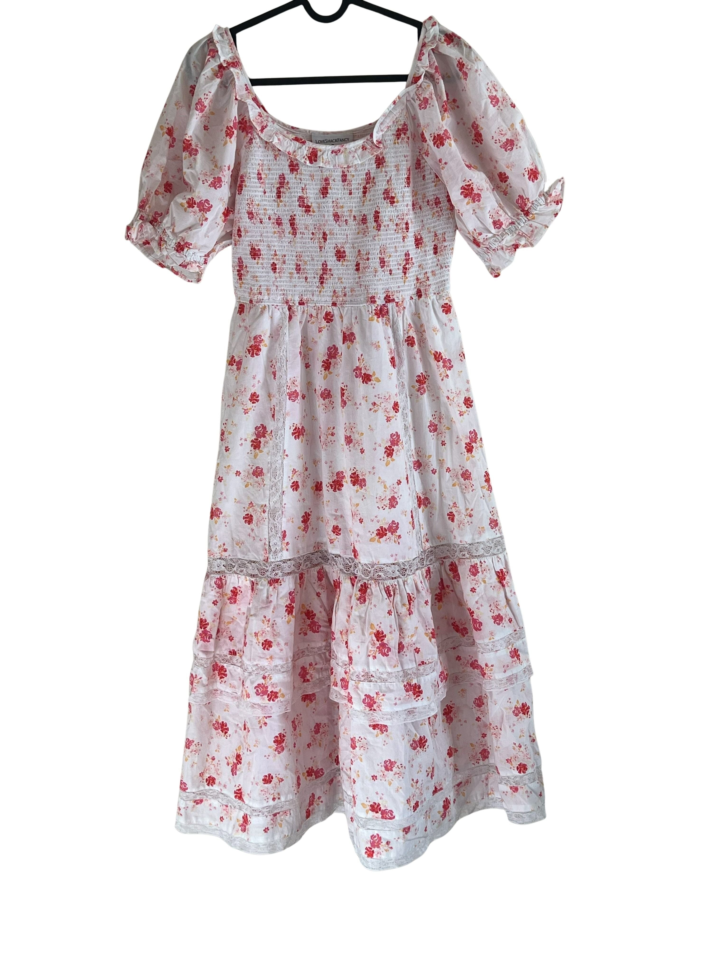 LoveShackFancy Floral Smocked Puff Sleeve Midi Dress