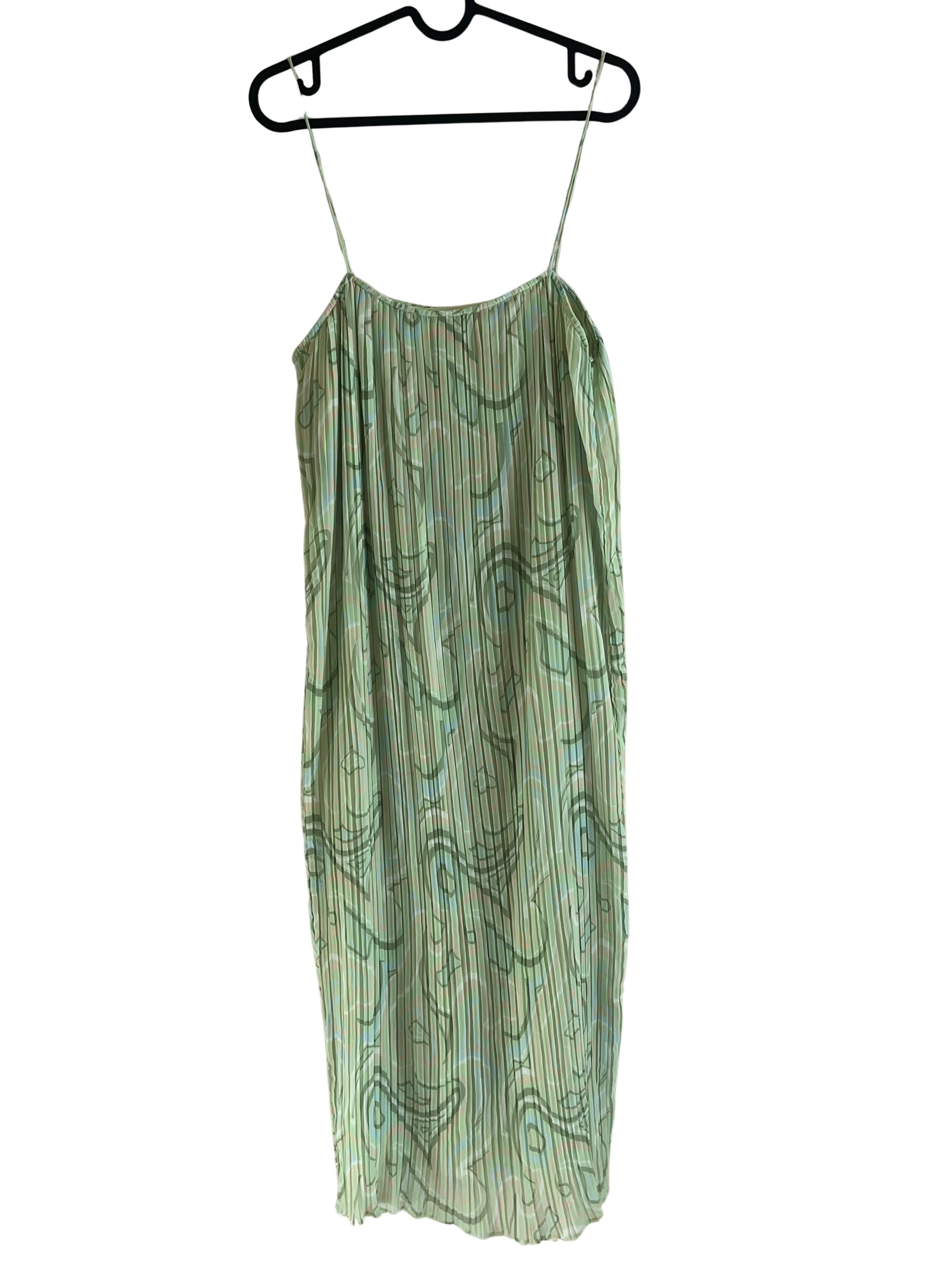 Ronny Kobo Green Pleated Print Slip Maxi Dress Size S