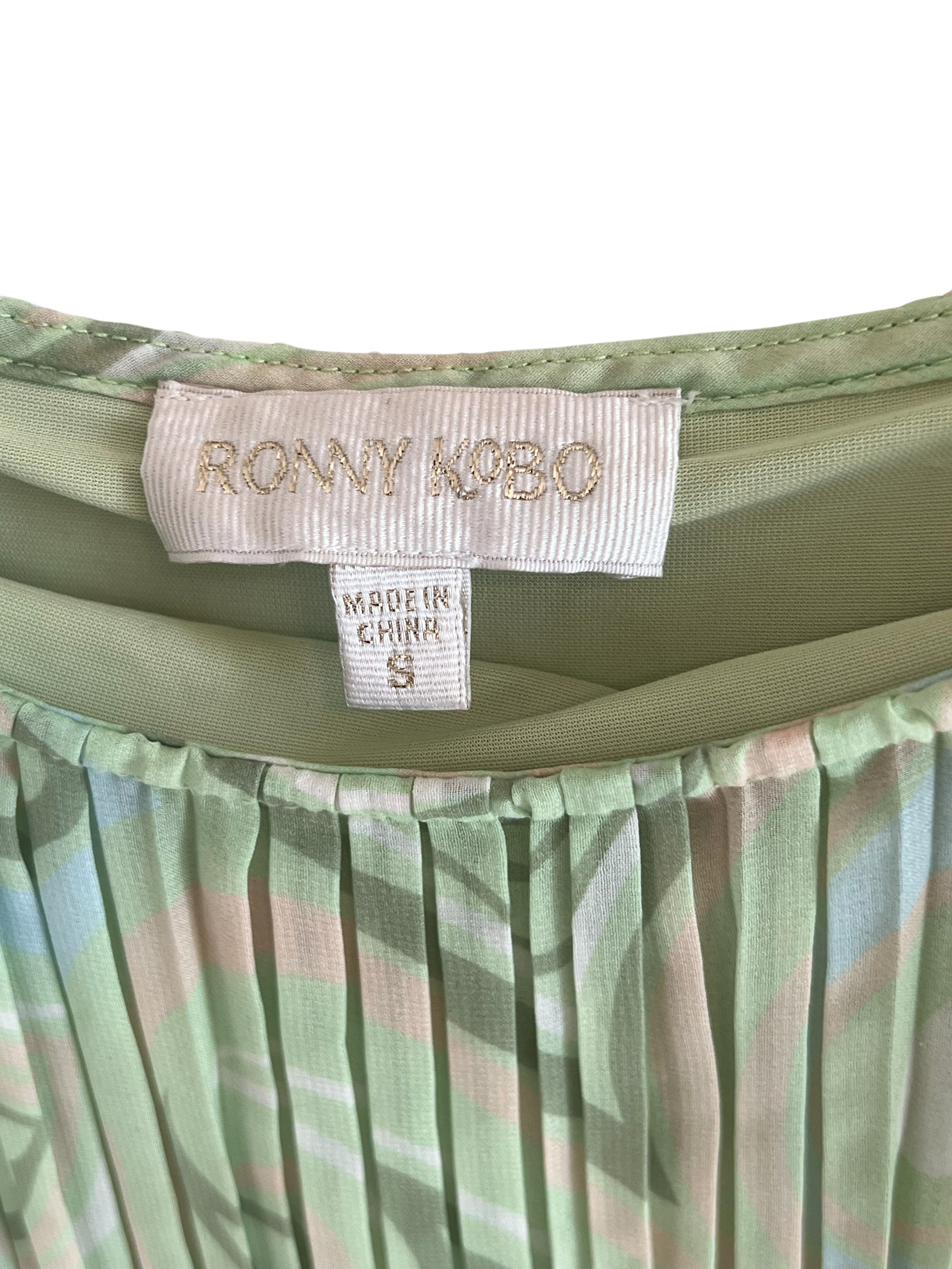 Ronny Kobo Green Pleated Print Slip Maxi Dress Size S