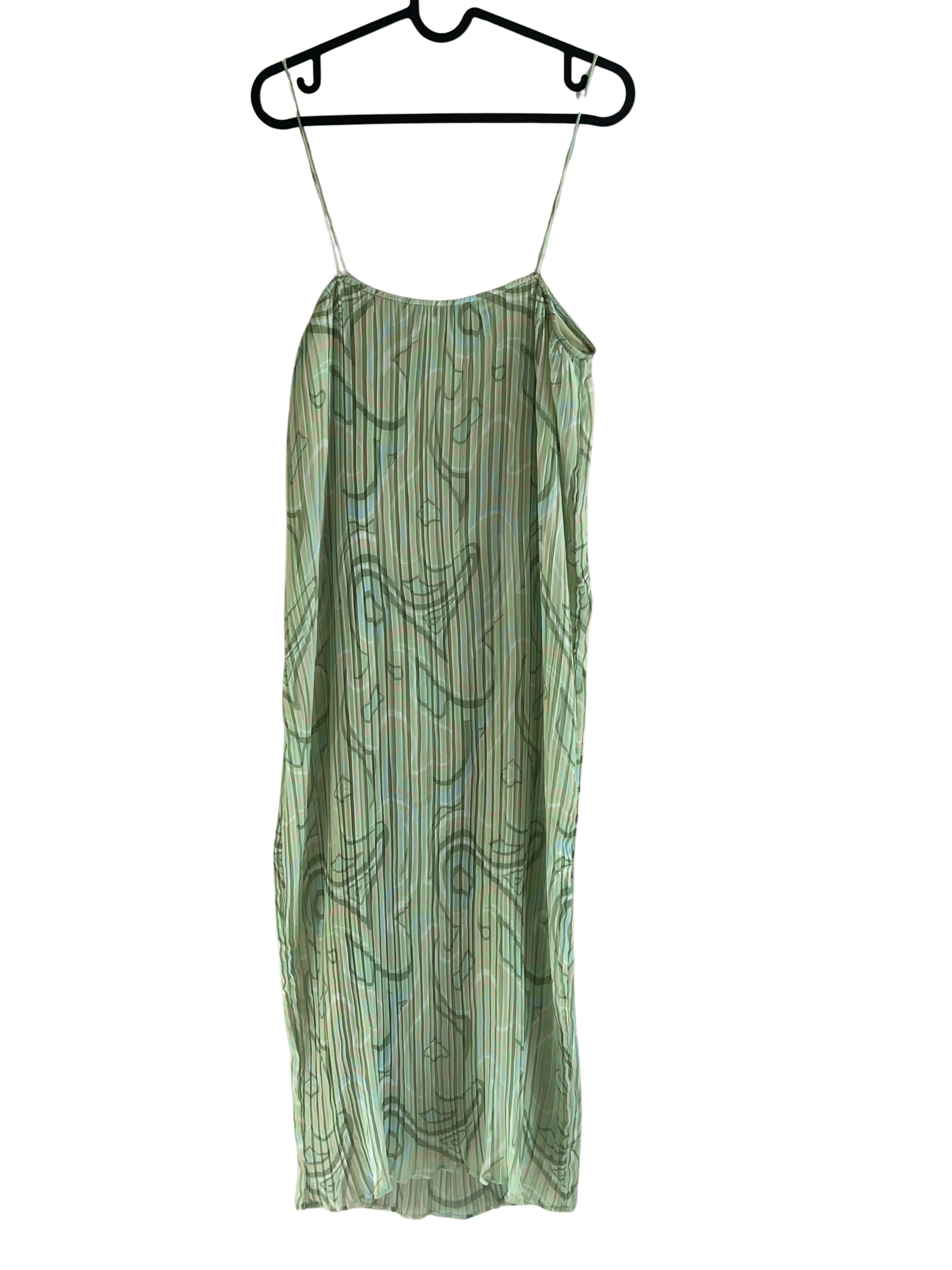 Ronny Kobo Green Pleated Print Slip Maxi Dress Size S