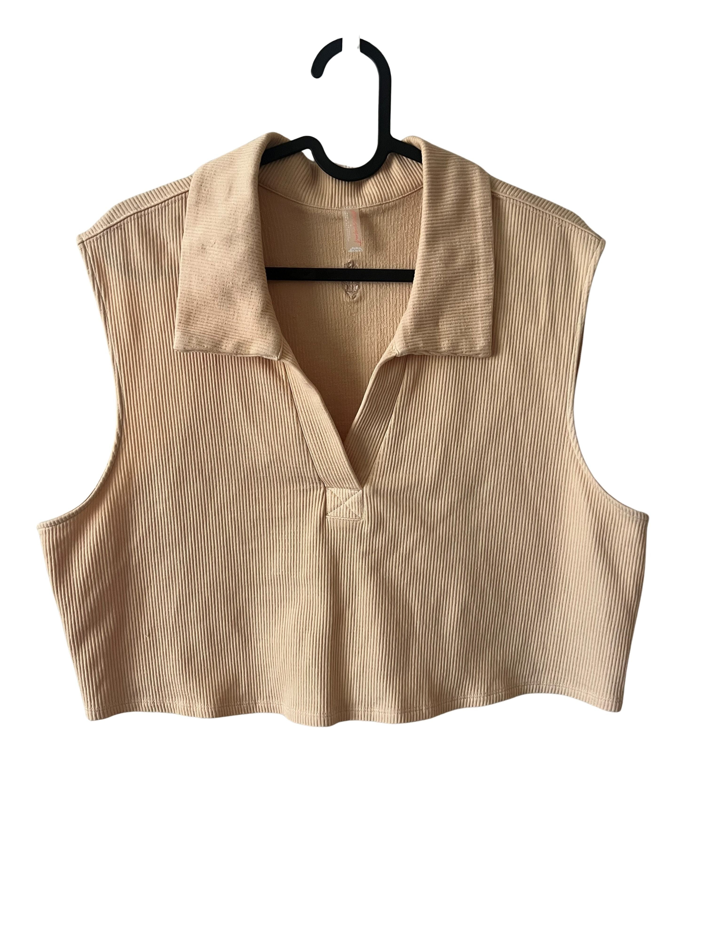 Cropped Ribbed Sleeveless Polo Top - Beige, Size M