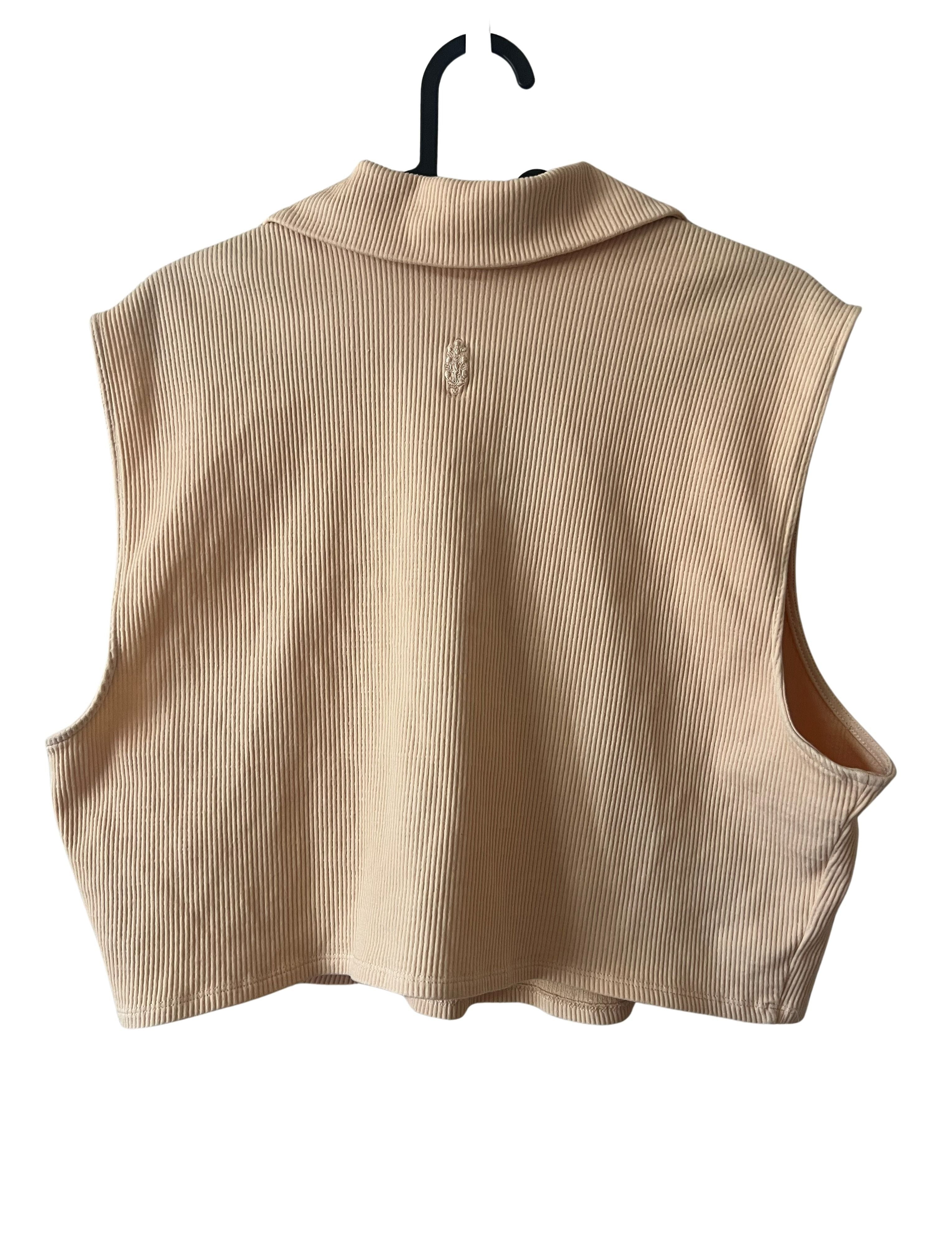 Cropped Ribbed Sleeveless Polo Top - Beige, Size M
