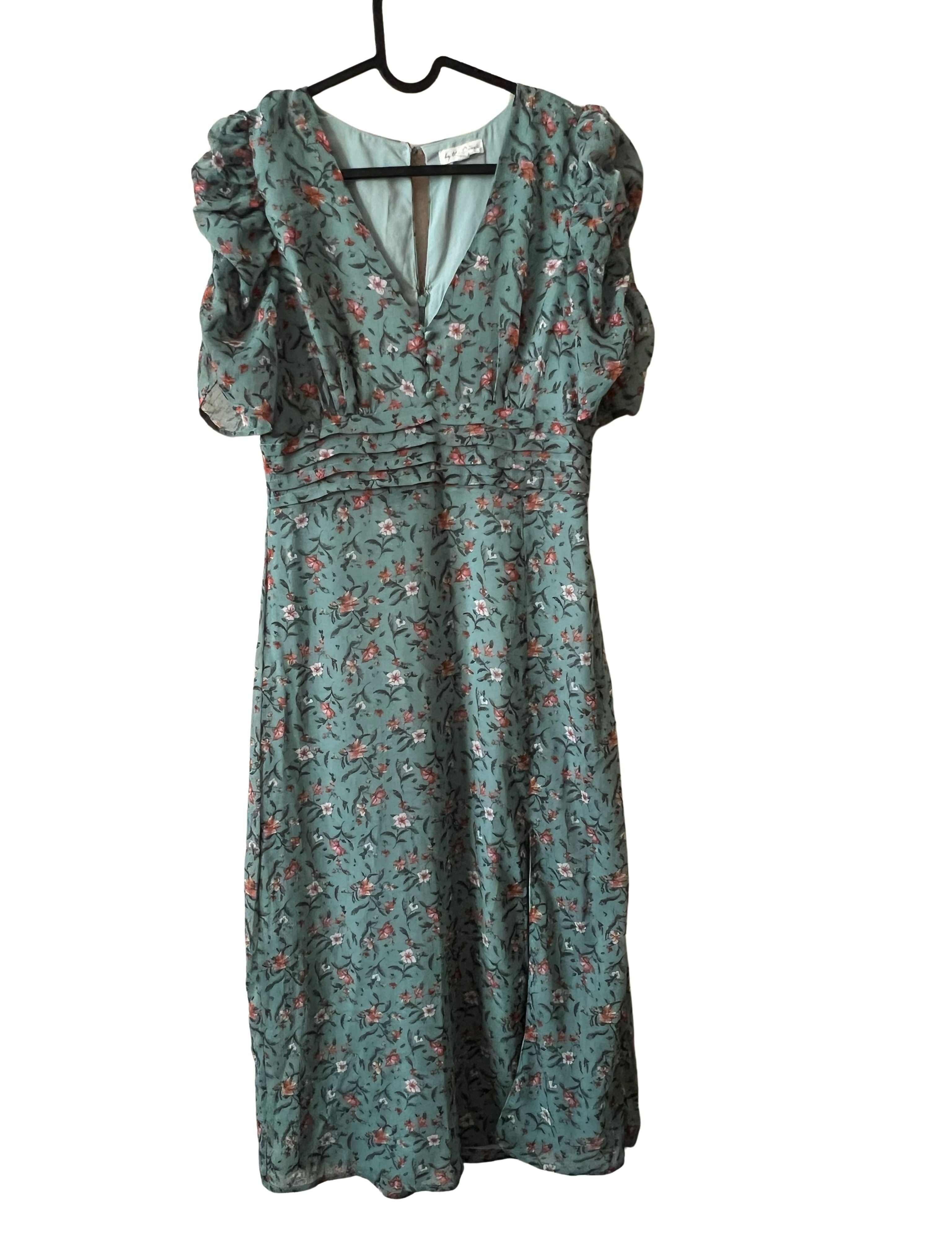 Sage Green Floral Midi Dress with Puff Sleeves and Front Slit