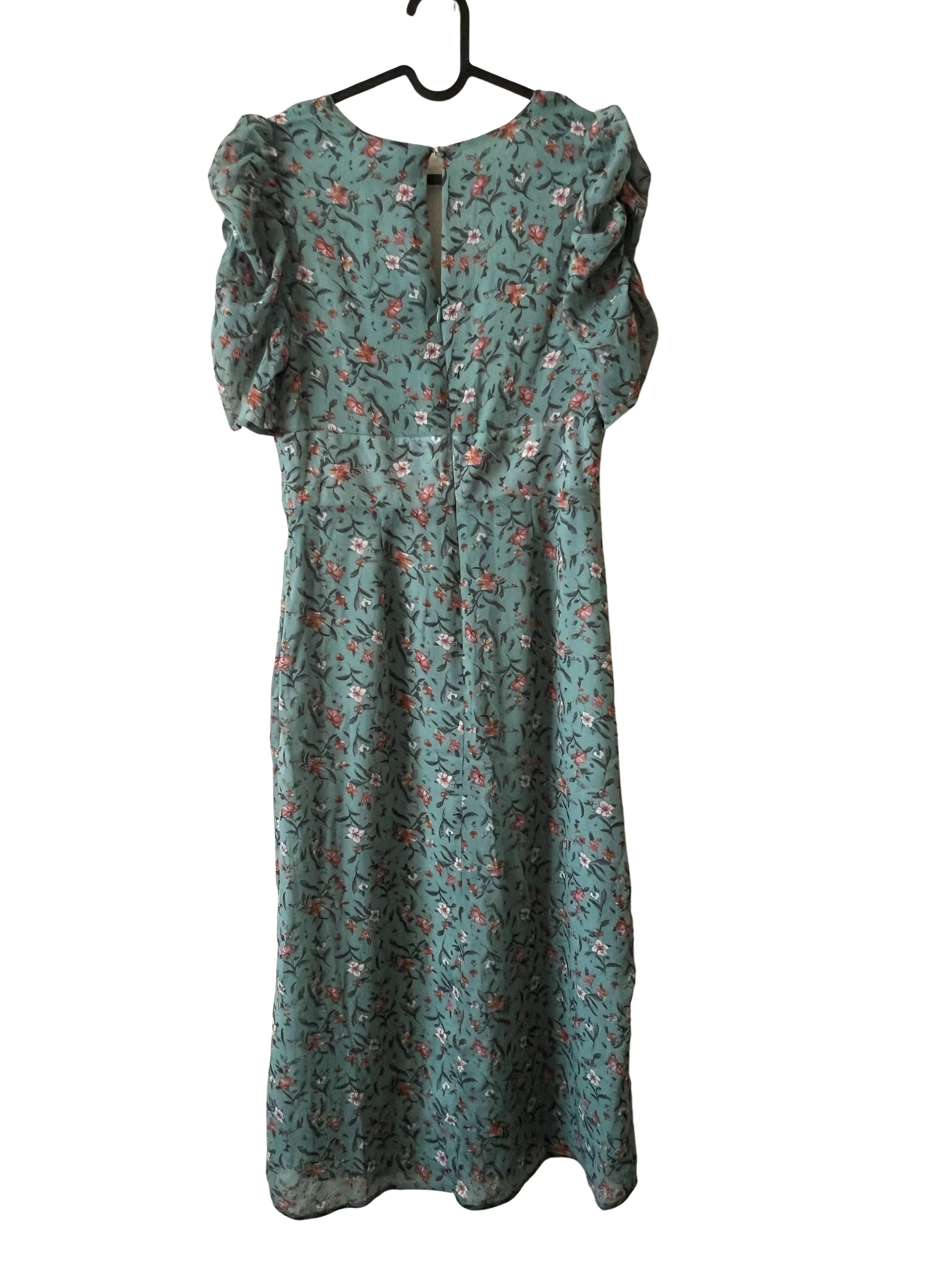 Sage Green Floral Midi Dress with Puff Sleeves and Front Slit