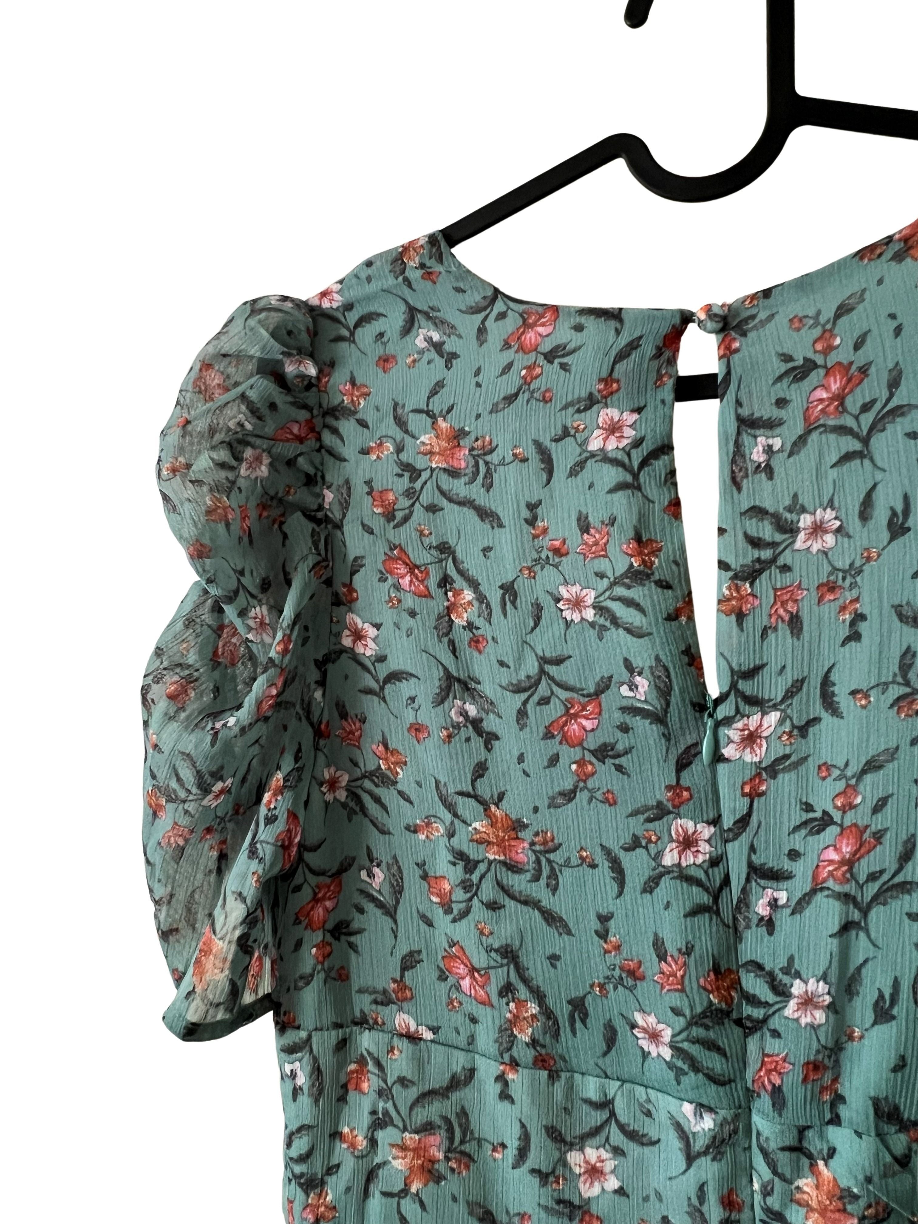 Sage Green Floral Midi Dress with Puff Sleeves and Front Slit