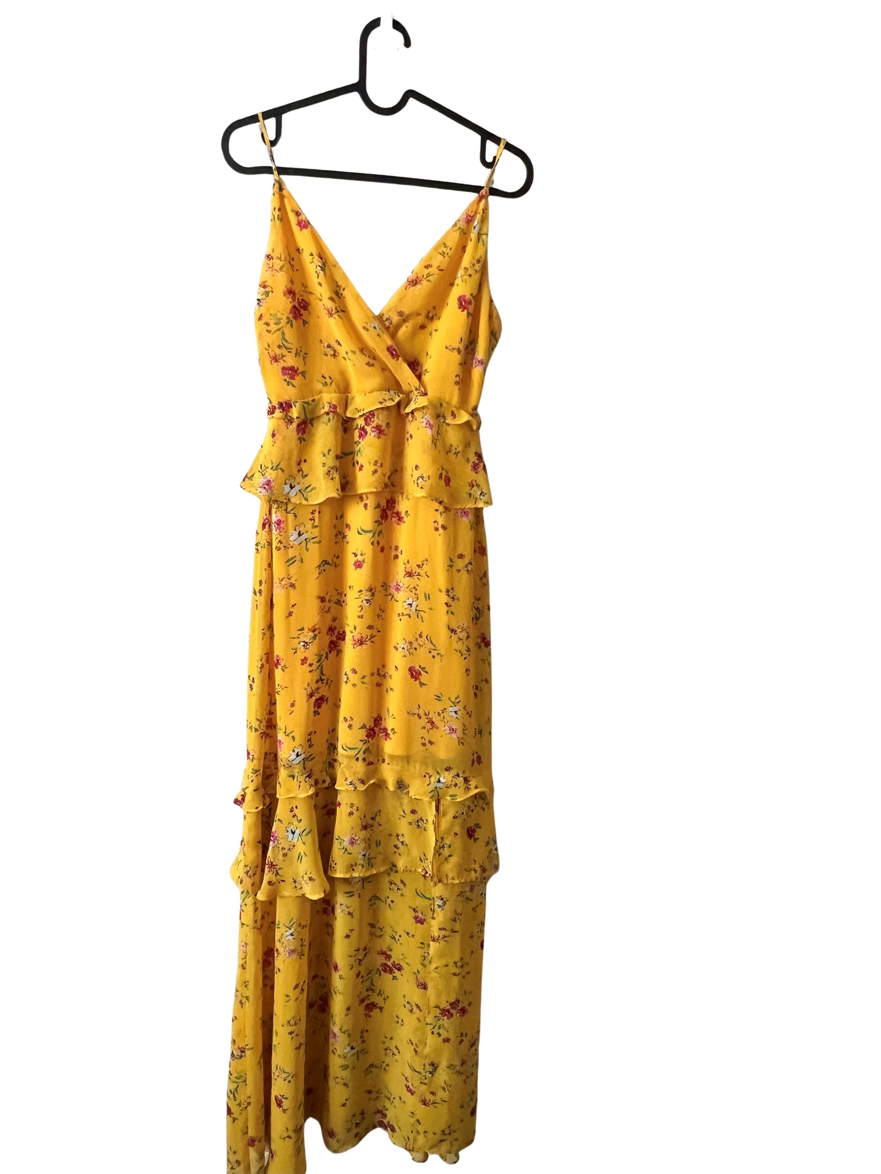 Lulus Yellow Floral Tiered Ruffle Maxi Dress Size XS