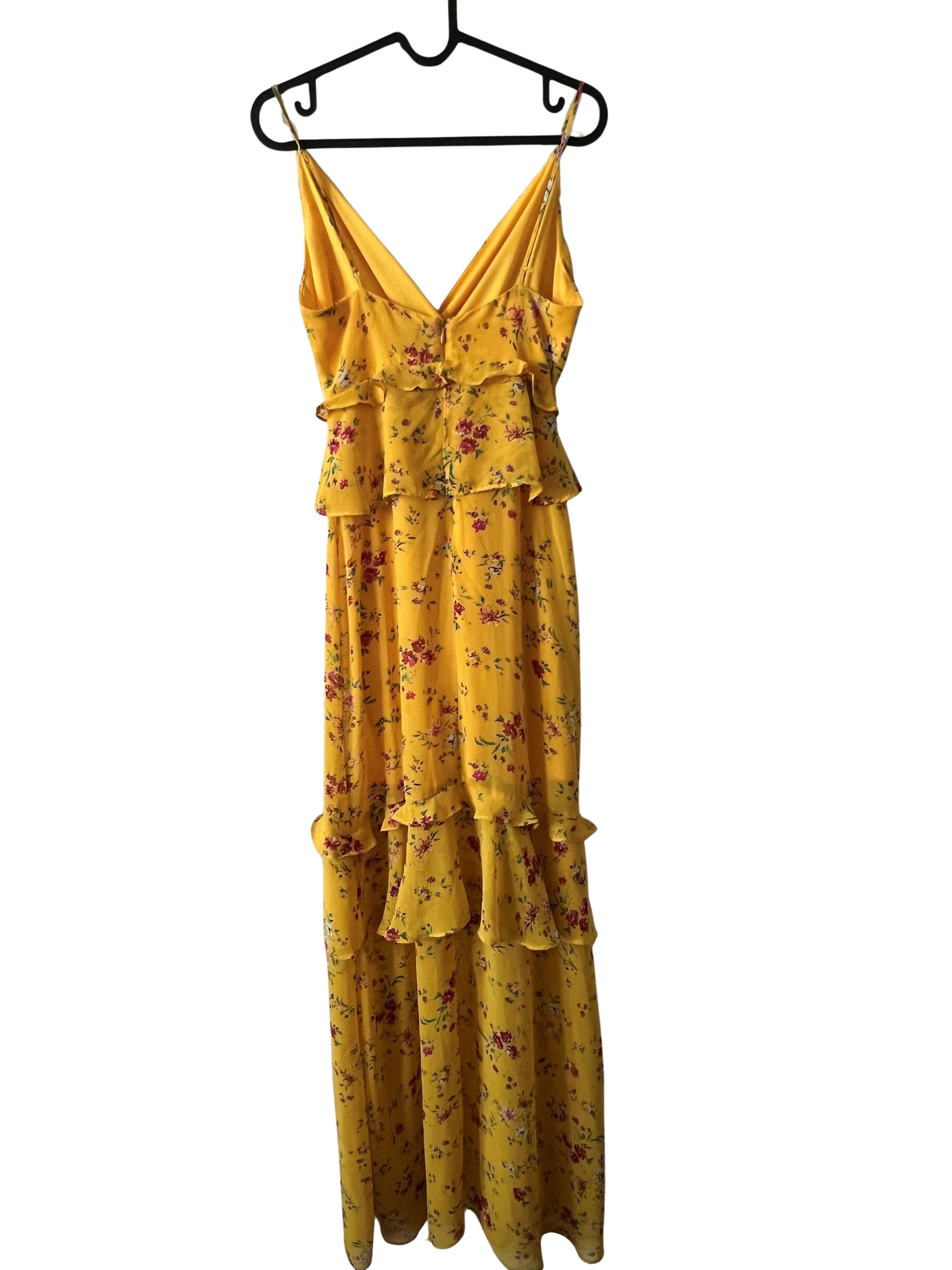Lulus Yellow Floral Tiered Ruffle Maxi Dress Size XS