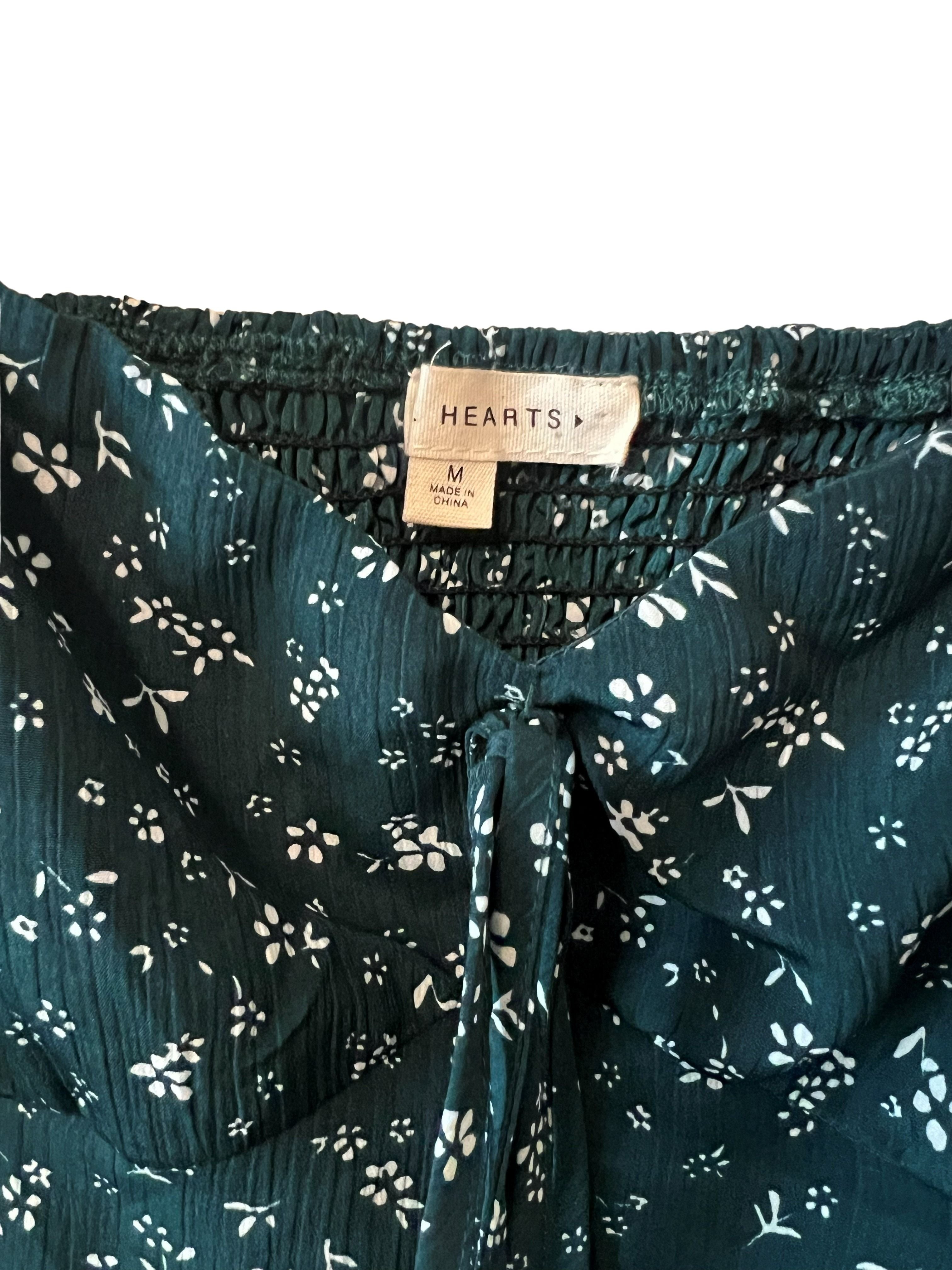 Hearts Dark Green Floral Smocked Crop Top Long Sleeve Size M