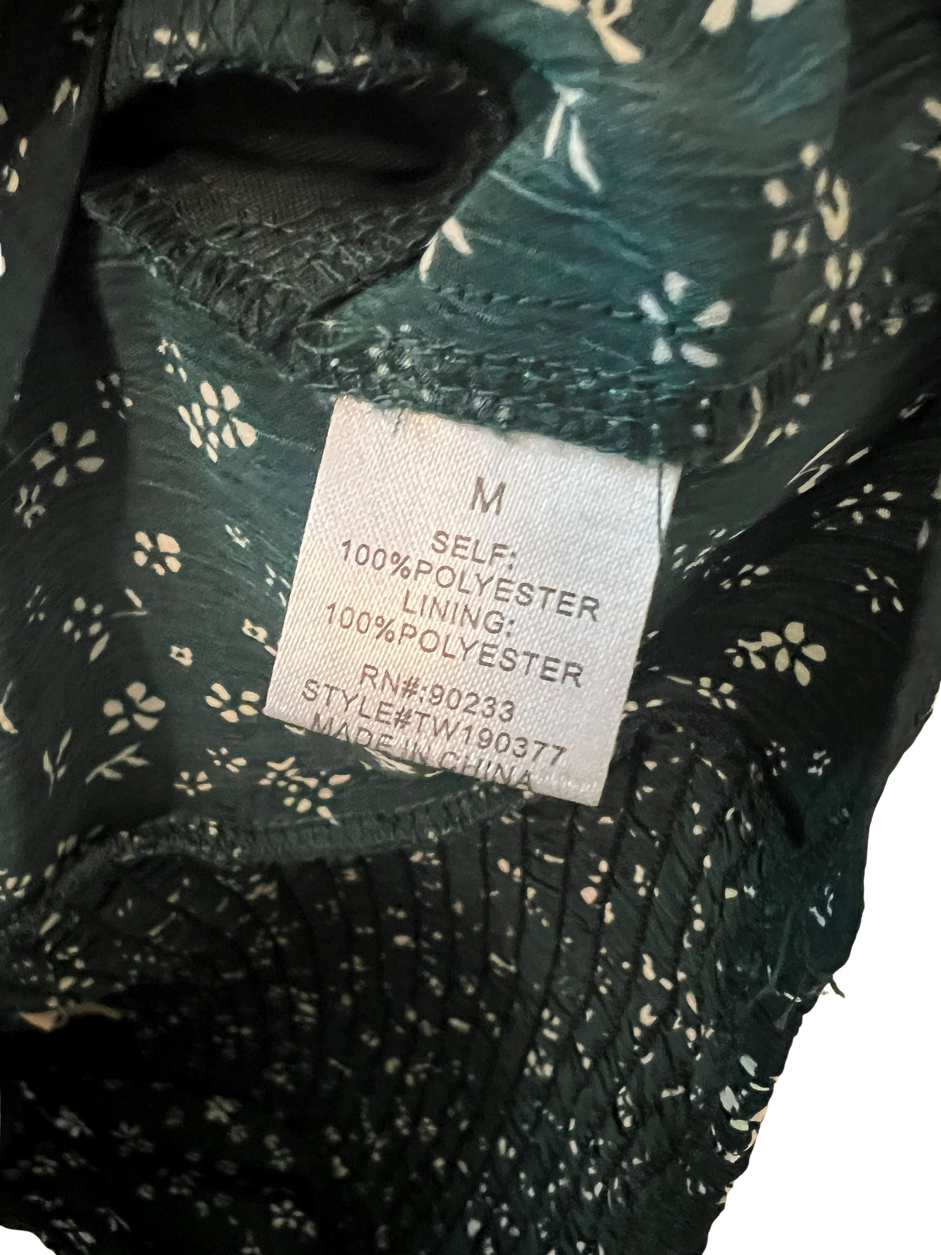 Hearts Dark Green Floral Smocked Crop Top Long Sleeve Size M