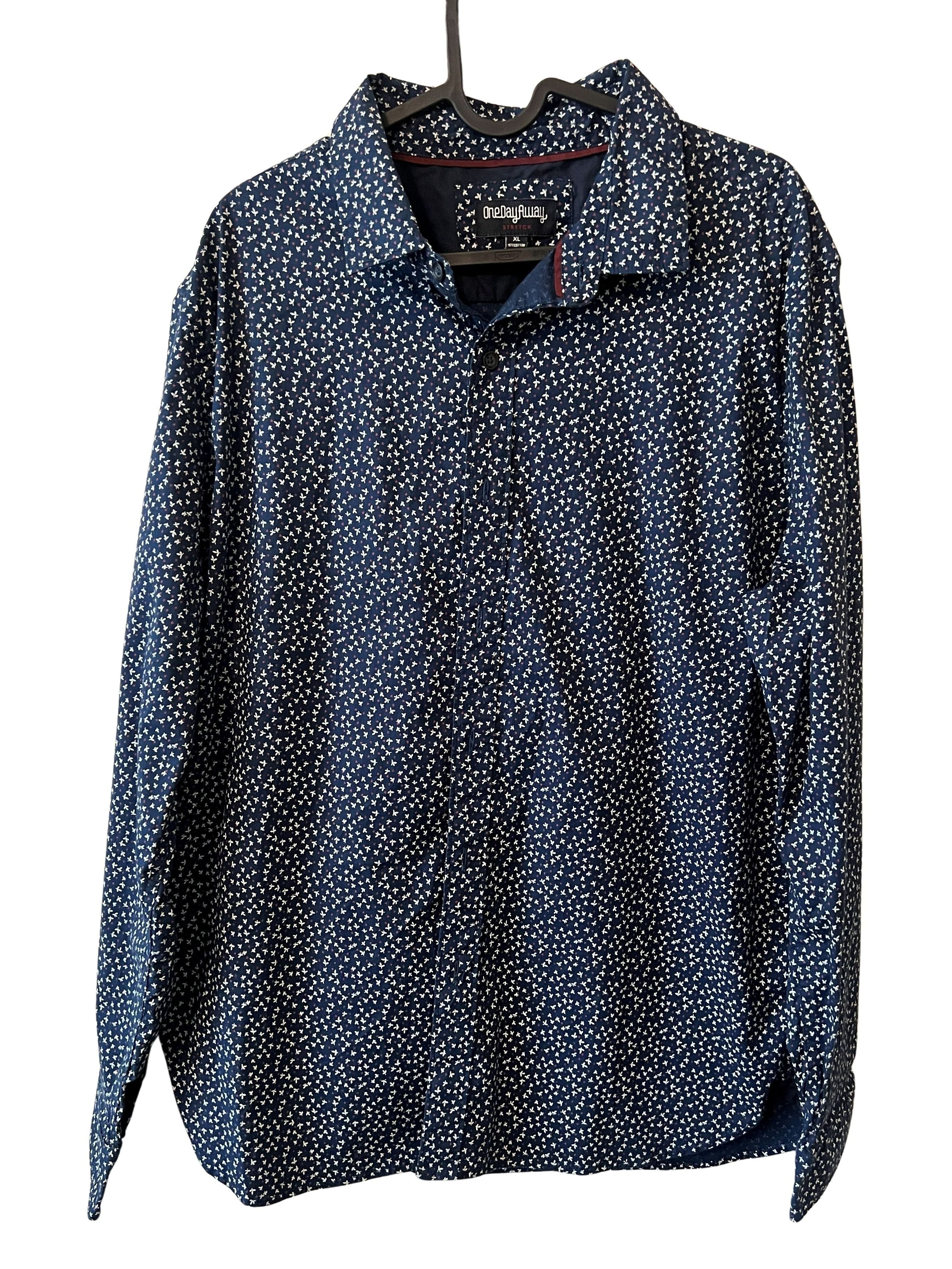 One Day Away Men's XL Navy Floral Print Button-Up Shirt Stretch