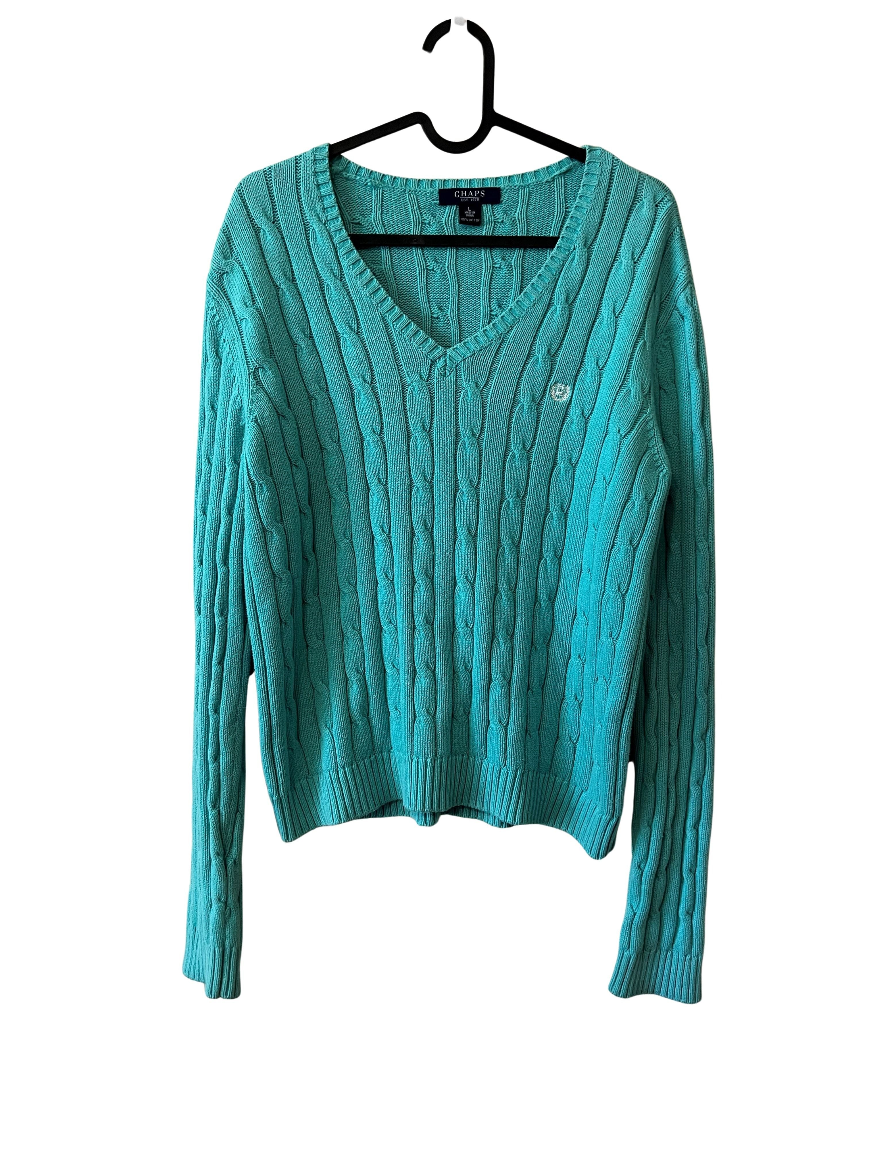 Chaps Teal Cable Knit V-Neck Sweater Women's Size L 100% Cotton