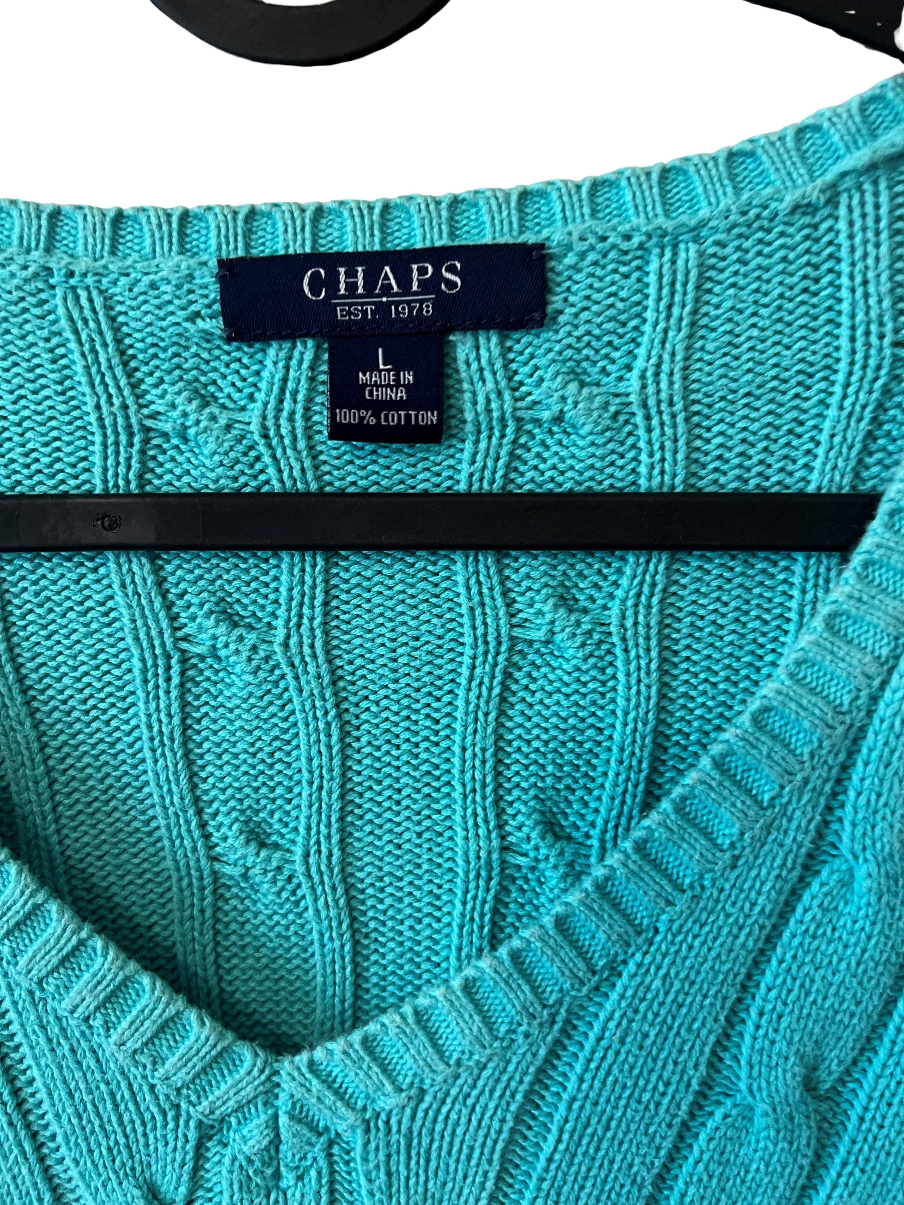 Chaps Teal Cable Knit V-Neck Sweater Women's Size L 100% Cotton